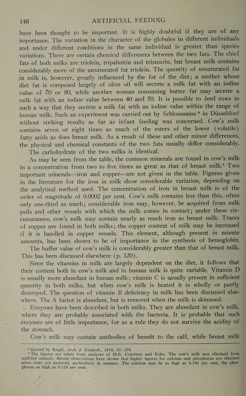 licive been thought to be important. It is highly doubtful if they aie of any importance. The variation in the character of the globules in different individuals and under different conditions in the same individual is greater than species variations. There are certain chemical differences between the two fats. The chief fats of both milks are triolein, tripalmitin and tristearin, but breast milk contains considerably more of the unsaturated fat triolein. The quantity of unsaturated fat in milk is, however, greatly influenced by the fat of the diet; a mother whose diet fat is composed largely of olive oil will secrete a milk fat with an iodine value of 70 or 80, while another woman consuming butter fat may secrete a milk fat with an iodine value between 40 and 50. It is possible to feed cows in such a way that they secrete a milk fat with an iodine value within the range of human milk. Such an experiment was carried out by Schlossmann 4 in Dusseldorf without striking results as far as infant feeding was concerned. Cow’s milk contains seven or eight times as much of the esters of the lower (volatile) fatty acids as does breast milk. As a result of these and other minor differences, the physical and chemical constants of the two fats usually differ considerably. The carbohydrate of the two milks is identical. As may be seen from the table, the common minerals are found in cow’s milk in a concentration from two to five times as great as that of breast milk.5 Two important minerals—iron and copper—are not given in the table. Figures given in the literature for the iron in milk show considerable variation, depending on the analytical method used. The concentration of iron in breast milk is of the order of magnitude of 0.0002 per cent. Cow’s milk contains less than this, often only one-thircl as much; considerable iron may, however, be acquired from milk pails and other vessels with which the milk comes in contact; under these cir¬ cumstances, cow’s milk may contain nearly as much iron as breast milk. Traces of copper are found in both milks; the copper content of milk may be increased if it is handled in copper vessels. This element, although present in minute amounts, has been shown to be of importance in the synthesis of hemoglobin. The buffer value of cow’s milk is considerably greater than that of breast milk. This has been discussed elsewhere (p. 120). Since the vitamins in milk are largely dependent on the diet, it follows that their content both in cow’s milk and in human milk is quite variable. Vitamin D is usually more abundant in human milk; vitamin C is usually present in sufficient quantity in both milks, but when cow’s milk is heated it is wholly or partly destroyed. The question of vitamin B deficiency in milk has been discussed else¬ where. The A factor is abundant, but is removed when the milk is skimmed. Enzymes have been described in both milks. They are abundant in cow’s milk, where they are probably associated with the bacteria. It is probable that such enzymes are of little importance, for as a rule they do not survive the acidity of the stomach. Cow’s milk may contain antibodies of benefit to the calf, while breast milk 4 Quoted by Engel, Arch. f. Kindcrh., 1910, 53:259. 0 The figures are taken from analyses of Holt, Courtney and Fales. The cow’s milk was obtained from stall-fed animals. Recent observations have shown that higher figures for calcium and phosphorus are obtained when cows are pastured, particularly in summer. The calcium may be as high as 0.140 per cent, the phos¬ phorus as high as 0.110 per cent.