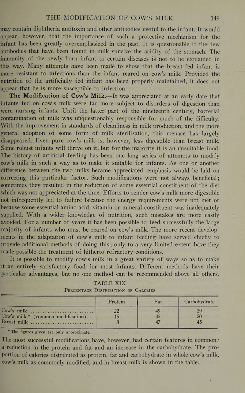 may contain diphtheria antitoxin and other antibodies useful to the infant. It would appear, however, that the importance of such a protective mechanism for the infant has been greatly overemphasized in the past. It is questionable if the few antibodies that have been found in milk survive the acidity of the stomach. The immunity of the newly born infant to certain diseases is not to be explained in this way. Many attempts have been made to show that the breast-fed infant is more resistant to infections than the infant reared on cow’s milk. Provided the nutrition of the artificially fed infant has been properly maintained, it does not appear that he is more susceptible to infection. The Modification of Cow’s Milk.—It was appreciated at an early date that infants fed on cow’s milk were far more subject to disorders of digestion than were nursing infants. Until the latter part of the nineteenth century, bacterial contamination of milk was unquestionably responsible for much of the difficulty. With the improvement in standards of cleanliness in milk production, and the more general adoption of some form of milk sterilization, this menace has largely disappeared. Even pure cow’s milk is, however, less digestible than breast milk. Some robust infants will thrive on it, but for the majority it is an unsuitable food. The history of artificial feeding has been one long series of attempts to modify cow’s milk in su,ch a way as to make it suitable for infants. As one or another difference between the two milks became appreciated, emphasis would be laid on correcting this particular factor. Such modifications were not always beneficial; sometimes they resulted in the reduction of some essential constituent of the diet which was not appreciated at the time. Efforts to render cow’s milk more digestible not infrequently led to failure because the energy requirements were not met or because some essential amino-acid, vitamin or mineral constituent was inadequately supplied. With a wider knowledge of nutrition, such mistakes are more easily avoided. For a number of years it has been possible to feed successfully the large majority of infants who must be reared on cow’s milk. The more recent develop¬ ments in the adaptation of cow’s milk to infant feeding have served chiefly to provide additional methods of doing this; only to a very limited extent have they made possible the treatment of hitherto refractory conditions. It is possible to modify cow’s milk in a great variety of ways so as to make it an entirely satisfactory food for most infants. Different methods have their particular advantages, but no one method can be recommended above all others. TABLE XIX Percentage Distribution of Calories Protein Fat Carbohydrate Cow's milk . 22 49 29 Cow’s milk * (common modification) .. . 15 35 50 Breast milk . 8 47 45 * The figures given are only approximate. The most successful modifications have, however, had certain features in common * a reduction in the protein and fat and an increase in the carbohydrate. The pro¬ portion of calories distributed as protein, fat and carbohydrate in whole cow’s milk, cow’s milk as commonly modified, and in breast milk is shown in the table.