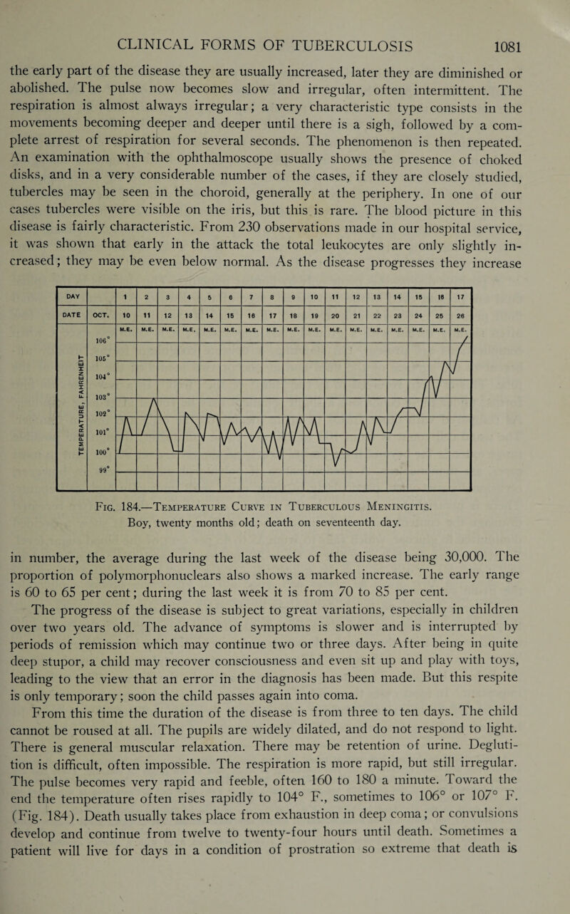 the early part of the disease they are usually increased, later they are diminished or abolished. The pulse now becomes slow and irregular, often intermittent. The respiration is almost always irregular; a very characteristic type consists in the movements becoming deeper and deeper until there is a sigh, followed by a com¬ plete arrest of respiration for several seconds. The phenomenon is then repeated. An examination with the ophthalmoscope usually shows the presence of choked disks, and in a very considerable number of the cases, if they are closely studied, tubercles may be seen in the choroid, generally at the periphery. In one of our cases tubercles were visible on the iris, but this is rare. The blood picture in this disease is fairly characteristic. From 230 observations made in our hospital service, it was shown that early in the attack the total leukocytes are only slightly in¬ creased ; they may be even below normal. As the disease progresses they increase Fig. 184.—Temperature Curve in Tuberculous Meningitis. Boy, twenty months old; death on seventeenth day. in number, the average during the last week of the disease being 30,000. The proportion of polymorphonuclears also shows a marked increase. The early range is 60 to 65 per cent; during the last week it is from 70 to 85 per cent. The progress of the disease is subject to great variations, especially in children over two years old. The advance of symptoms is slower and is interrupted by periods of remission which may continue two or three days. After being in quite deep stupor, a child may recover consciousness and even sit up and play with toys, leading to the view that an error in the diagnosis has been made. But this respite is only temporary; soon the child passes again into coma. From this time the duration of the disease is from three to ten days. The child cannot be roused at all. The pupils are widely dilated, and do not respond to light. There is general muscular relaxation. There may be retention of urine. Degluti¬ tion is difficult, often impossible. The respiration is more rapid, but still irregular. The pulse becomes very rapid and feeble, often 160 to 180 a minute. Toward the end the temperature often rises rapidly to 104° F., sometimes to 106° or 107° F. (Fig. 184). Death usually takes place from exhaustion in deep coma; or convulsions develop and continue from twelve to twenty-four hours until death. Sometimes a patient will live for days in a condition of prostration so extreme that death is