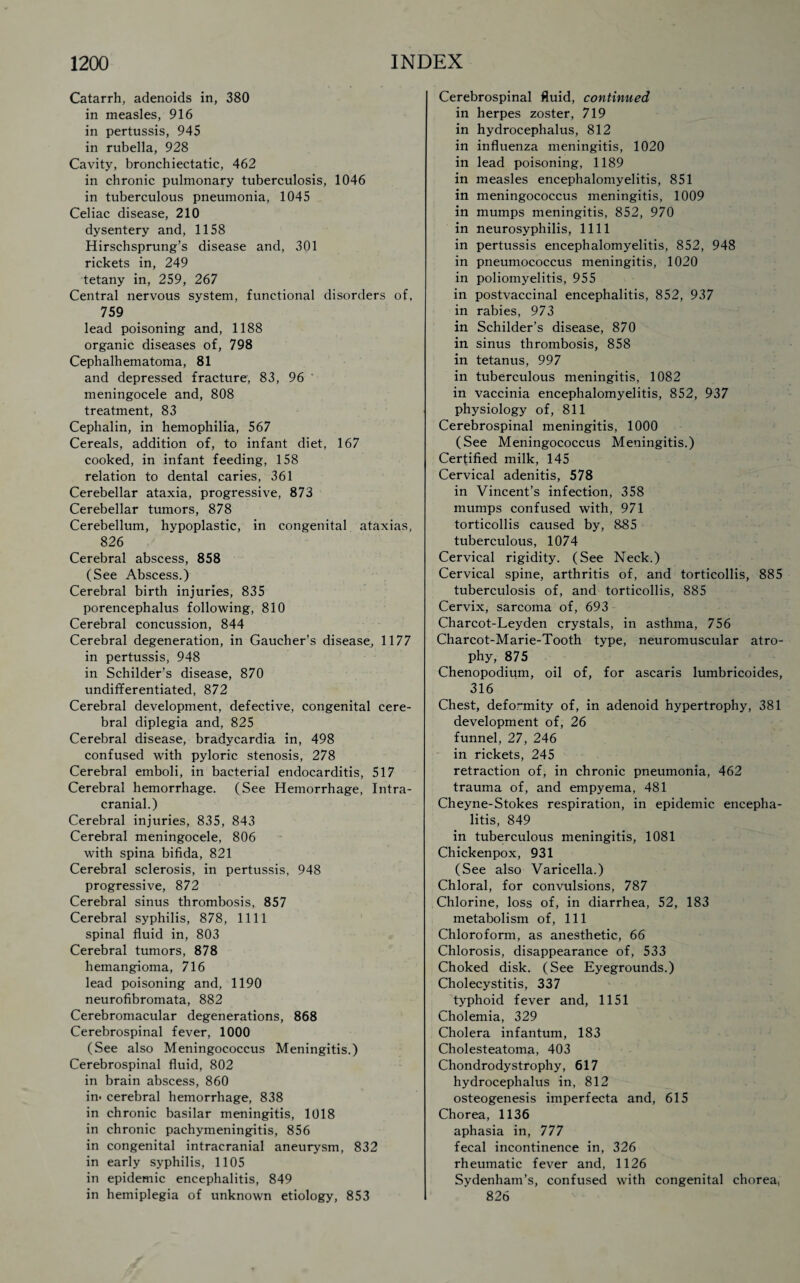 Catarrh, adenoids in, 380 in measles, 916 in pertussis, 945 in rubella, 928 Cavity, bronchiectatic, 462 in chronic pulmonary tuberculosis, 1046 in tuberculous pneumonia, 1045 Celiac disease, 210 dysentery and, 1158 Hirschsprung’s disease and, 301 rickets in, 249 tetany in, 259, 267 Central nervous system, functional disorders of, 759 lead poisoning and, 1188 organic diseases of, 798 Cephalhematoma, 81 and depressed fracture, 83, 96 meningocele and, 808 treatment, 83 Cephalin, in hemophilia, 567 Cereals, addition of, to infant diet, 167 cooked, in infant feeding, 158 relation to dental caries, 361 Cerebellar ataxia, progressive, 873 Cerebellar tumors, 878 Cerebellum, hypoplastic, in congenital ataxias, 826 Cerebral abscess, 858 (See Abscess.) Cerebral birth injuries, 835 porencephalus following, 810 Cerebral concussion, 844 Cerebral degeneration, in Gaucher’s disease, 1177 in pertussis, 948 in Schilder’s disease, 870 undifferentiated, 872 Cerebral development, defective, congenital cere¬ bral diplegia and, 825 Cerebral disease, bradycardia in, 498 confused with pyloric stenosis, 278 Cerebral emboli, in bacterial endocarditis, 517 Cerebral hemorrhage. (See Hemorrhage, Intra¬ cranial.) Cerebral injuries, 835, 843 Cerebral meningocele, 806 with spina bifida, 821 Cerebral sclerosis, in pertussis, 948 progressive, 872 Cerebral sinus thrombosis, 857 Cerebral syphilis, 878, 1111 spinal fluid in, 803 Cerebral tumors, 878 hemangioma, 716 lead poisoning and, 1190 neurofibromata, 882 Cerebromacular degenerations, 868 Cerebrospinal fever, 1000 (See also Meningococcus Meningitis.) Cerebrospinal fluid, 802 in brain abscess, 860 in- cerebral hemorrhage, 838 in chronic basilar meningitis, 1018 in chronic pachymeningitis, 856 in congenital intracranial aneurysm, 832 in early syphilis, 1105 in epidemic encephalitis, 849 in hemiplegia of unknown etiology, 853 Cerebrospinal fluid, continued in herpes zoster, 719 in hydrocephalus, 812 in influenza meningitis, 1020 in lead poisoning, 1189 in measles encephalomyelitis, 851 in meningococcus meningitis, 1009 in mumps meningitis, 852, 970 in neurosyphilis, 1111 in pertussis encephalomyelitis, 852, 948 in pneumococcus meningitis, 1020 in poliomyelitis, 955 in postvaccinal encephalitis, 852, 937 in rabies, 973 in Schilder’s disease, 870 in sinus thrombosis, 858 in tetanus, 997 in tuberculous meningitis, 1082 in vaccinia encephalomyelitis, 852, 937 physiology of, 811 Cerebrospinal meningitis, 1000 (See Meningococcus Meningitis.) Certified milk, 145 Cervical adenitis, 578 in Vincent’s infection, 358 mumps confused with, 971 torticollis caused by, 8-85 tuberculous, 1074 Cervical rigidity. (See Neck.) Cervical spine, arthritis of, and torticollis, 885 tuberculosis of, and torticollis, 885 Cervix, sarcoma of, 693 Charcot-Leyden crystals, in asthma, 756 Charcot-Marie-Tooth type, neuromuscular atro¬ phy, 875 Chenopodium, oil of, for ascaris lumbricoides, 316 Chest, deformity of, in adenoid hypertrophy, 381 development of, 26 funnel, 27, 246 in rickets, 245 retraction of, in chronic pneumonia, 462 trauma of, and empyema, 481 Cheyne-Stokes respiration, in epidemic encepha¬ litis, 849 in tuberculous meningitis, 1081 Chickenpox, 931 (See also Varicella.) Chloral, for convulsions, 787 Chlorine, loss of, in diarrhea, 52, 183 metabolism of, 111 Chloroform, as anesthetic, 66 Chlorosis, disappearance of, 533 Choked disk. (See Eyegrounds.) Cholecystitis, 337 typhoid fever and, 1151 Cholemia, 329 Cholera infantum, 183 Cholesteatoma, 403 Chondrodystrophy, 617 hydrocephalus in, 812 osteogenesis imperfecta and, 615 Chorea, 1136 aphasia in, 777 fecal incontinence in, 326 rheumatic fever and, 1126 Sydenham’s, confused with congenital chorea, 826