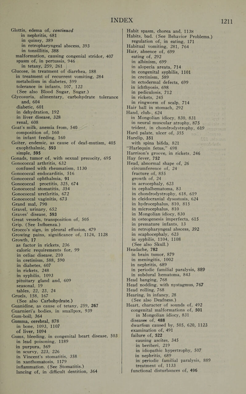 Glottis, edema of, continued in nephritis, 681 in quinsy, 389 in retropharyngeal abscess, 393 in tonsillitis, 388 malformation, causing congenial stridor, 407 spasm of, in pertussis, 946 in tetany, 259, 261 Glucose, in treatment of diarrhea, 188 in treatment of recurrent vomiting, 284 metabolism in diabetes, 599 tolerance in infants, 107, 122 (See also Blood Sugar, Sugar.) Glycosuria, alimentary, carbohydrate tolerance and, 604 diabetic, 601 in dehydration, 192 in liver disease, 328 renal, 608 Goat’s milk, anemia from, 540 composition of, 160 in infant feeding, 160 Goiter, endemic, as cause of deaf-mutism, 405 exophthalmic, 593 simple, 595 Gonads, tumor of, with sexual precocity, 695 Gonococcal arthritis, 632 confused with rheumatism, 1130 Gonococcal endocarditis, 516 Gonococcal ophthalmia, 91 Gonococcal proctitis, 325, 674 Gonococcal stomatitis, 354 Gonococcal urethritis, 672 Gonococcal vaginitis, 673 Grand mal, 790 Gravel, urinary, 652 Graves’ disease, 593 Great vessels, transposition of, 505 Grip. (See Influenza.) Grocco’s sign, in pleural effusion, 479 Growing pains, significance of, 1124, 1128 Growth, 17 as factor in rickets, 236 caloric requirements for, 99 in celiac disease, 210 in cretinism, 588, 590 in diabetes, 607 in rickets, 248 in syphilis, 1093 pituitary gland and, 609 seasonal, 19 tables, 22, 23, 24 Gruels, 158, 167 (See also Carbohydrate.) Guanidine, as cause of tetany, 259, 267 Guarnieri’s bodies, in smallpox, 939 Gum-boil; 364 Gumma, cerebral, 878 in bone, 1093, 1107 of liver, 1094 Gums, bleeding, in congenital heart disease, 503 in lead poisoning, 1189 in purpura, 569 in scurvy, 223, 226 in Vincent’s stomatitis, 358 in xanthomatosis, 1179 inflammation. (See Stomatitis.) lancing of, in difficult dentition, 364 Habit spasm, chorea and, 1138 Habits, bad. (See Behavior Problems.) regulation of, in eating, 171 Habitual vomiting, 281, 764 Hair, absence of, 699 eating of, 292 in albinism, 699 in alopecia areata, 714 in congenital syphilis, 1101 in cretinism, 589 in ectodermal defects, 699 in ichthyosis, 698 in pediculosis, 712 in rickets, 245 in ringworm of scalp, 714 Hair ball in stomach, 292 Hand, club-, 624 in Mongolian idiocy, 830, 831 in neural muscular atrophy, 875 trident, in chondrodystrophy, 619 Hard palate, ulcer of, 355 Harelip, 351 with spina bifida, 821 “Harlequin fetus,” 698 Harrison’s groove, in rickets, 246 Hay fever, 752 Head, abnormal shape of, 26 circumference of, 24 fracture of, 855 growth of, 24 in acrocephaly, 623 in cephalhematoma, 83 in chondrodystrophy, 618, 619 in cleidocranial dysostosis, 624 in hydrocephalus, 810. 815 in microcephalus, 810 in Mongolian idiocy, 830 in osteogenesis imperfecta, 615 in premature infants, 13 in retropharyngeal abscess, 392 in scaphocephaly, 623 in syphilis, 1104, 1108 (See also Skull.) Headache, 782 in brain tumor, 879 in meningitis, 1002 in nephritis, 689 in periodic familial paralysis, 889 in subdural hematoma, 843 Head banging, 768 Head nodding, with nystagmus, 767 Head rolling, 768 Hearing, in infancy, 28 (See also Deafness.) Heart, character of sounds of, 492 congenital malformations of, 501 in Mongolian idiocy, 831 diseases of, 488 dwarfism caused by, 505, 620, 1123 examination of, 491 failure of, 522 causing ascites, 345 in beriberi, 219 in idiopathic hypertrophy, 507 in nephritis, 689 in periodic familial paralysis, 889 treatment of, 1133 functional disturbances of, 496