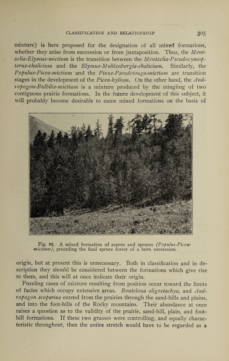 mixture) is here proposed for the designation of all mixed formations, whether they arise from succession or from juxtaposition. Thus, the Ment- zelia-Elymus-mictium is the transition between the Mcntzelia-P seudocymop- terus-chalicium and the Elymus-Muhlenbergia-chalicium. Similarly, the Popnlus-Picea-mictium and the Pinus-Pseudotsuga-mictium are transition stages in the development of the Picea-hyliwn. On the other hand, the And- ropogon-B'idbilis-mictium is a mixture produced by the mingling of two contiguous prairie formations. In the future development of this subject, it will probably become desirable to name mixed formations on the basis of Fig. 82. A mixed formation of aspens and spruces (Populus-Picea- mictium), preceding the final spruce forest of a burn succession. origin, but at present this is unnecessary. Both in classification and in de¬ scription they should be considered between the formations which give rise to them, and this will at once indicate their origin. Puzzling cases of mixture resulting from position occur toward the limits of facies which occupy extensive areas. Bouteloua oligostachya, and And- ropogon scoparms extend from the prairies through the sand-hills and plains, and into the foot-hills of the Rocky mountains. Their abundance at once raises a question as to the validity of the prairie, sand-hill, plain, and foot¬ hill formations. If these two grasses were controlling, and equally charac¬ teristic throughout, then the entire stretch would have to be regarded as a