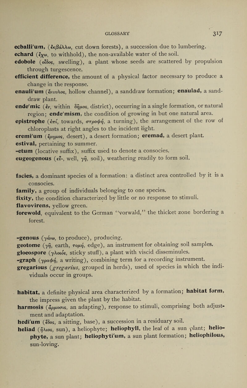 ecballi'um, (oc/SaAAa), cut down forests), a succession due to lumbering, echard to withhold), the non-available water of the soil, edobole (01609, swelling), a plant whose seeds are scattered by propulsion through turgescence. efficient difference, the amount of a physical factor necessary to produce a change in the response. enauli'um (IkxvAo?, hollow channel), a sanddraw formation; enaulad, a sand- draw plant. ende'mic (iy, within 8r}p.os, district), occurring in a single formation, or natural region; ende'mism, the condition of growing in but one natural area, epistrophe («ri, towards, aTpo<f>rj, a turning), the arrangement of the row of chloroplasts at right angles to the incident light, eremi'um (eprjp.os, desert), a desert formation; eremad, a desert plant, estival, pertaining to summer. -etum (locative suffix), suffix used to denote a consocies. eugeogenous (cv-, well, yrj, soil), weathering readily to form soil. facies, a dominant species of a formation: a distinct area controlled by it is a consocies. family, a group of individuals belonging to one species. fixity, the condition characterized by little or no response to stimuli. flavovirens, yellow green. forewold, equivalent to the German “vorwald,” the thicket zone bordering a forest. -genous (yeVa), to produce), producing. geotome (yrj} earth, To/xy, edge), an instrument for obtaining soil samples, gloeospore (yAoios, sticky stuff), a plant with viscid disseminules. -graph (ypacpr}, a writing), combining term for a recording instrument, gregarious (gregarius, grouped in herds), used of species in which the indi¬ viduals occur in groups. habitat, a definite physical area characterized by a formation; habitat form, the impress given the plant by the habitat, harmosis (aproves, an adapting), response to stimuli, comprising both adjust¬ ment and adaptation. hedi'um (28o>, a sitting, base), a succession in a residuary soil, heliad (^Aios, sun), a heliophyte; heliophyll, the leaf of a sun plant; helio- phyte, a sun plant; heliophyti'um, a sun plant formation; heliophilous, sun-loving.