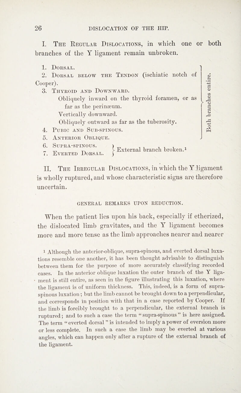 I. The Regular Dislocations, in which one or both branches of the Y ligament remain unbroken. 1. Dorsal. 2. Dorsal below the Tendon (ischiatic notch of Cooper). 3. Thyroid and Downward. Obliquely inward on the thyroid foramen, or as far as the perinseum. Vertically downward. Obliquely outward as far as the tuberosity. 4. Pubic and Sub-spinous. 5. Anterior Oblique. 6. Supra-spinous. i . * ^ y External branch broken.1 7. Everted Dorsal. ) II. The Irregular Dislocations, in which the Y ligament is wholly ruptured, and whose characteristic signs are therefore uncertain. a> • r-H <D zn <D o z* -4-i o PQ general remarks upon reduction. When the patient lies upon his back, especially if etherized, the dislocated limb gravitates, and the Y ligament becomes more and more tense as the limb approaches nearer and nearer 1 Although the anterior-oblique, supra-spinous, and everted dorsal luxa¬ tions resemble one another, it has been thought advisable to distinguish between them for the purpose of more accurately classifying recorded cases. In the anterior oblique luxation the outer branch of the Y liga- * ment is still entire, as seen in the figure illustrating this luxation, where the ligament is of uniform thickness. This, indeed, is a form of supra¬ spinous luxation; but the limb cannot be brought down to a perpendicular, and corresponds in position with that in a case reported by Cooper. If the limb is forcibly brought to a perpendicular, the external branch is ruptured; and to such a case the term “ supra-spinous ” is here assigned. The term “ everted dorsal ” is intended to imply a power of eversion more or less complete. In such a case the limb may be everted at various angles, which can happen only after a rupture of the external branch of the ligament.