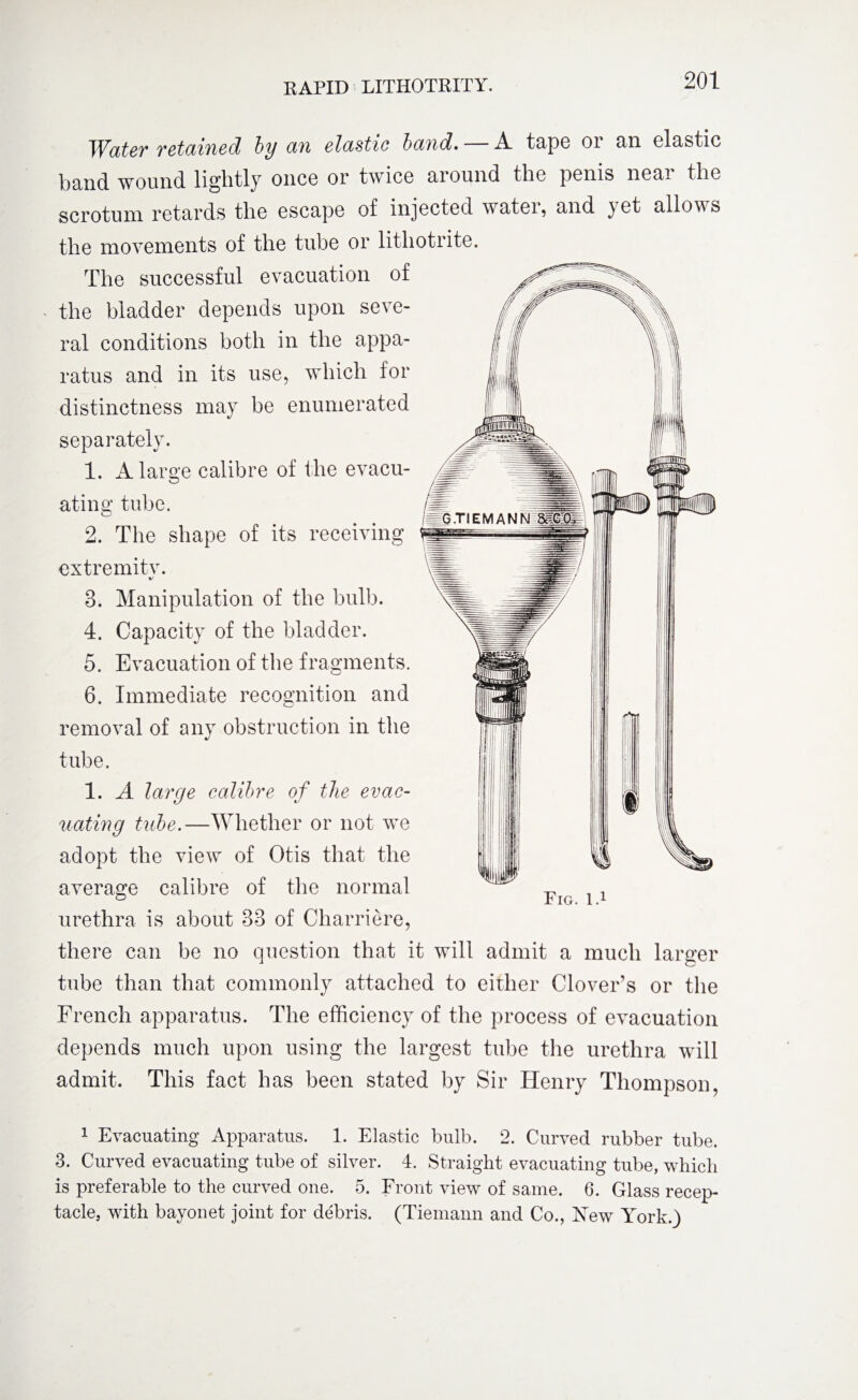 TVater retained by an elastic band. A tape 01 an clastic band wound lightly once or twice around the penis near the scrotum retards the escape of injected watei, and }et allows the movements of the tube or litliotrite. The successful evacuation of * the bladder depends upon seve¬ ral conditions both in the appa¬ ratus and in its use, which for distinctness may be enumerated separately. 1. A large calibre of the evacu¬ ating tube. 2. The shape of its receiving extremitv. 3. Manipulation of the bulb. 4. Capacity of the bladder. 5. Evacuation of the fragments. 6. Immediate recognition and removal of any obstruction in the tube. 1. A large calibre of the evac¬ uating tube.—Whether or not w^e adopt the view of Otis that the average calibre of the normal urethra is about 33 of Charriere, there can be no question that it will admit a much larger tube than that commonly attached to either Clover’s or the French apparatus. The efficiency of the process of evacuation depends much upon using the largest tube the urethra will admit. This fact has been stated by Sir Henry Thompson, 1 Evacuating Apparatus. 1. Elastic bulb. 2. Curved rubber tube. 3. Curved evacuating tube of silver. 4. Straight evacuating tube, which is preferable to the curved one. 5. Front view of same. 6. Glass recep¬ tacle, with bayonet joint for debris. (Tiemann and Co., Xew York.) Fig. I.1