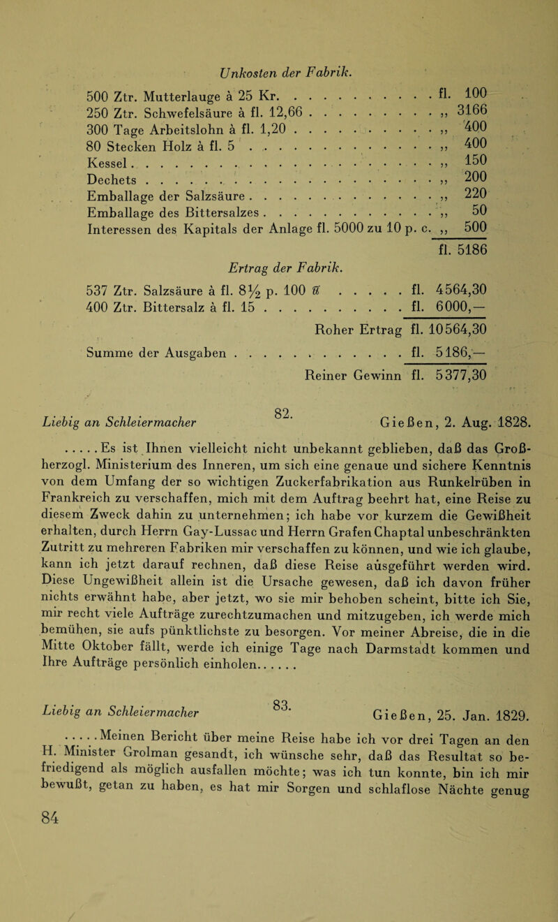 Unkosten der Fabrik. 500 Ztr. Mutterlauge a 25 Kr. 250 Ztr. Schwefelsäure ä fl. 12,66.• 300 Tage Arbeitslohn ä fl. 1,20.. 80 Stecken Holz ä fl. 5 ... Kessel... • • • Dechets. Emballage der Salzsäure. Emballage des Bittersalzes. Interessen des Kapitals der Anlage fl. 5000 zu 10 p. c. fl. 100 ,, 3166 „ '400 55 5) 55 55 400 150 200 220 50 500 fl. 5186 Ertrag der Fabrik. 537 Ztr. Salzsäure ä fl. 8% P- 100 U.fl. 4564,30 400 Ztr. Bittersalz ä fl. 15.fl. 6000,— Roher Ertrag fl. 10564,30 Summe der Ausgaben.fl. 5186,— Reiner Gewinn fl. 5377,30 Liebig an Schleiermacher ' Gießen, 2. Aug. 1828. .Es ist Ihnen vielleicht nicht unbekannt geblieben, daß das Groß- herzogl. Ministerium des Inneren, um sich eine genaue und sichere Kenntnis von dem Umfang der so wichtigen Zuckerfabrikation aus Runkelrüben in Frankreich zu verschaffen, mich mit dem Auftrag beehrt hat, eine Reise zu diesem Zweck dahin zu unternehmen; ich habe vor kurzem die Gewißheit erhalten, durch Herrn Gay-Lussac und Herrn Grafen Chaptal unbeschränkten Zutritt zu mehreren Fabriken mir verschaffen zu können, und wie ich glaube, kann ich jetzt darauf rechnen, daß diese Reise aüsgeführt werden wird. Diese Ungewißheit allein ist die Ursache gewesen, daß ich davon früher nichts erwähnt habe, aber jetzt, wo sie mir behoben scheint, bitte ich Sie, mir recht viele Aufträge zurechtzumachen und mitzugeben, ich werde mich bemühen, sie aufs pünktlichste zu besorgen. Vor meiner Abreise, die in die Mitte Oktober fällt, werde ich einige Tage nach Darmstadt kommen und Ihre Aufträge persönlich einholen. q q Liebig an Schleier macher * Gießen, 25. Jan. 1829. . . . . . Meinen Bericht über meine Reise habe ich vor drei Tagen an den H. Minister Grolman gesandt, ich wünsche sehr, daß das Resultat so be¬ friedigend als möglich ausfallen möchte; was ich tun konnte, bin ich mir bewußt, getan zu haben, es hat mir Sorgen und schlaflose Nächte genug