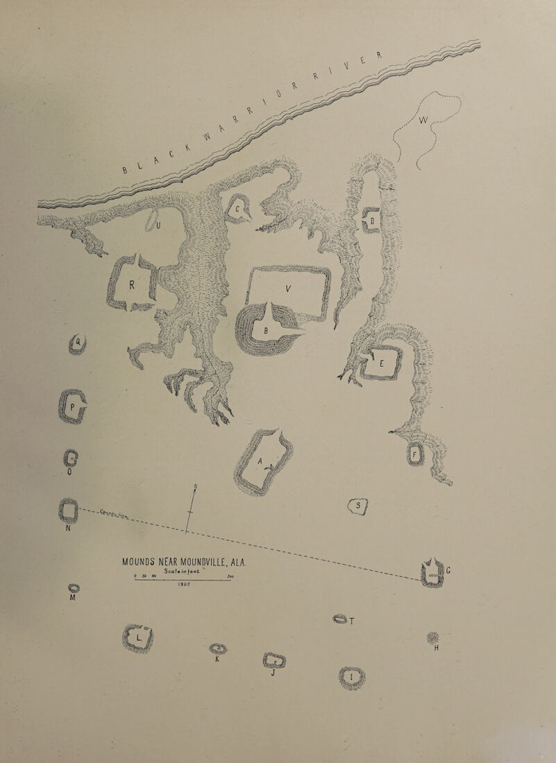 'mmiiil/'/sJ; r-r-r~^ ^ Wo»t^vy-:^sts wmm^ma iS;i SiSaS WSB \ ^\'^'!//.?'11'll/J MOUNDS NEAR MOUNDVILLE, ALA. Scale in feet 0 SO 100 Joo 1905