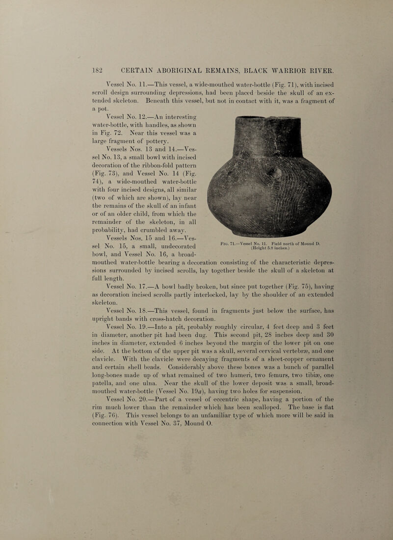 Vessel No. 11.—This vessel, a wide-mouthed water-bottle (Fig. 71), with incised scroll design surrounding depressions, had been placed beside the skull of an ex¬ tended skeleton. Beneath this vessel, but not in contact with it, was a fragment of a pot. Vessel No. 12.—An interesting water-bottle, with handles, as shown in Fig. 72. Near this vessel was a large fragment of pottery. Vessels Nos. 13 and 14.—Ves¬ sel No. 13, a small bowl with incised decoration of the ribbon-fold pattern (Fig. 73), and Vessel No. 14 (Fig. 74), a wide-mouthed water-bottle with four incised designs, all similar (two of which are shown), lay near the remains of the skull of an infant or of an older child, from which the remainder of the skeleton, in all probability, had crumbled away. Vessels Nos. 15 and 16.—Ves¬ sel No. 15, a small, undecorated bowl, and Vessel No. 16, a broad¬ mouthed water-bottle bearing a decoration consisting of the characteristic depres¬ sions surrounded by incised scrolls, lay together beside the skull of a skeleton at full length. O Vessel No. 17.—A bowl badly broken, but since put together (Fig. 75), having as decoration incised scrolls partly interlocked, lay by the shoulder of an extended skeleton. Vessel No. 18.—This vessel, found in fragments just below the surface, has upright bands with cross-hatch decoration. Vessel No. 19.—Into a pit, probably roughly circular, 4 feet deep and 3 feet in diameter, another pit had been dug. This second pit, 2S inches deep and 30 inches in diameter, extended 6 inches beyond the margin of the lower pit on one side. At the bottom of the upper pit was a skull, several cervical vertebrae, and one clavicle. With the clavicle were decaying fragments of a sheet-copper ornament and certain shell beads. Considerably above these bones was a bunch of parallel long-bones made up of what remained of two humeri, two femurs, two tibiae, one patella, and one ulna. Near the skull of the lower deposit was a small, broad- mouthed water-bottle (Vessel No. Ida), having two holes for suspension. Vessel No. 20.—Part of a vessel of eccentric shape, having a portion of the rim much lower than the remainder which has been scalloped. The base is Hat (Fig. 76). This vessel belongs to an unfamiliar type of which more will be said in connection with Vessel No. 37, Mound 0. Fig. 71.—Vessel No. 11. Field north of Mound D. (Height 5.8 inches.)