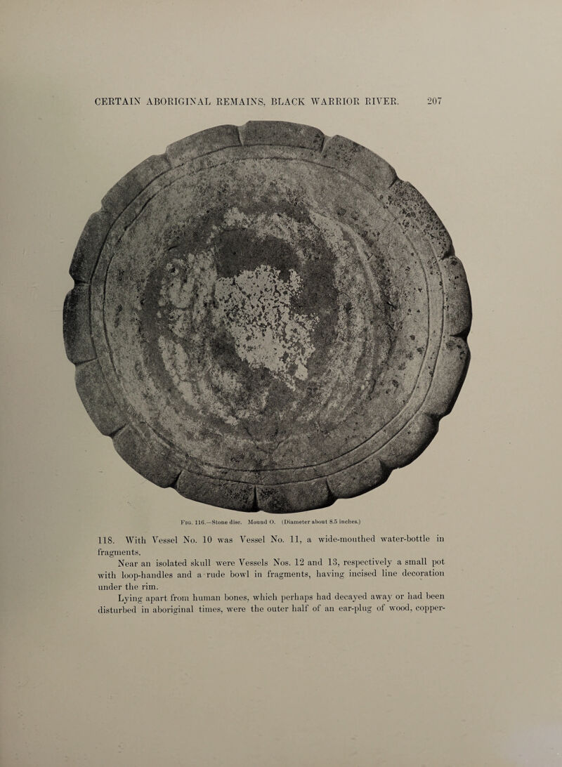 Fig. 116.—Stone disc. Mound O. (Diameter about 8.5 inches.) 118. With Vessel No. 10 was Vessel No. 11, a wide-mouthed water-bottle in fragments. Near an isolated skull were Vessels Nos. 12 and 13, respectively a small pot with loop-handles and a rude bowl in fragments, having incised line decoration under the rim. Lying apart from human hones, which perhaps had decayed away or had been disturbed in aboriginal times, were the outer half of an ear-plug of wood, copper-