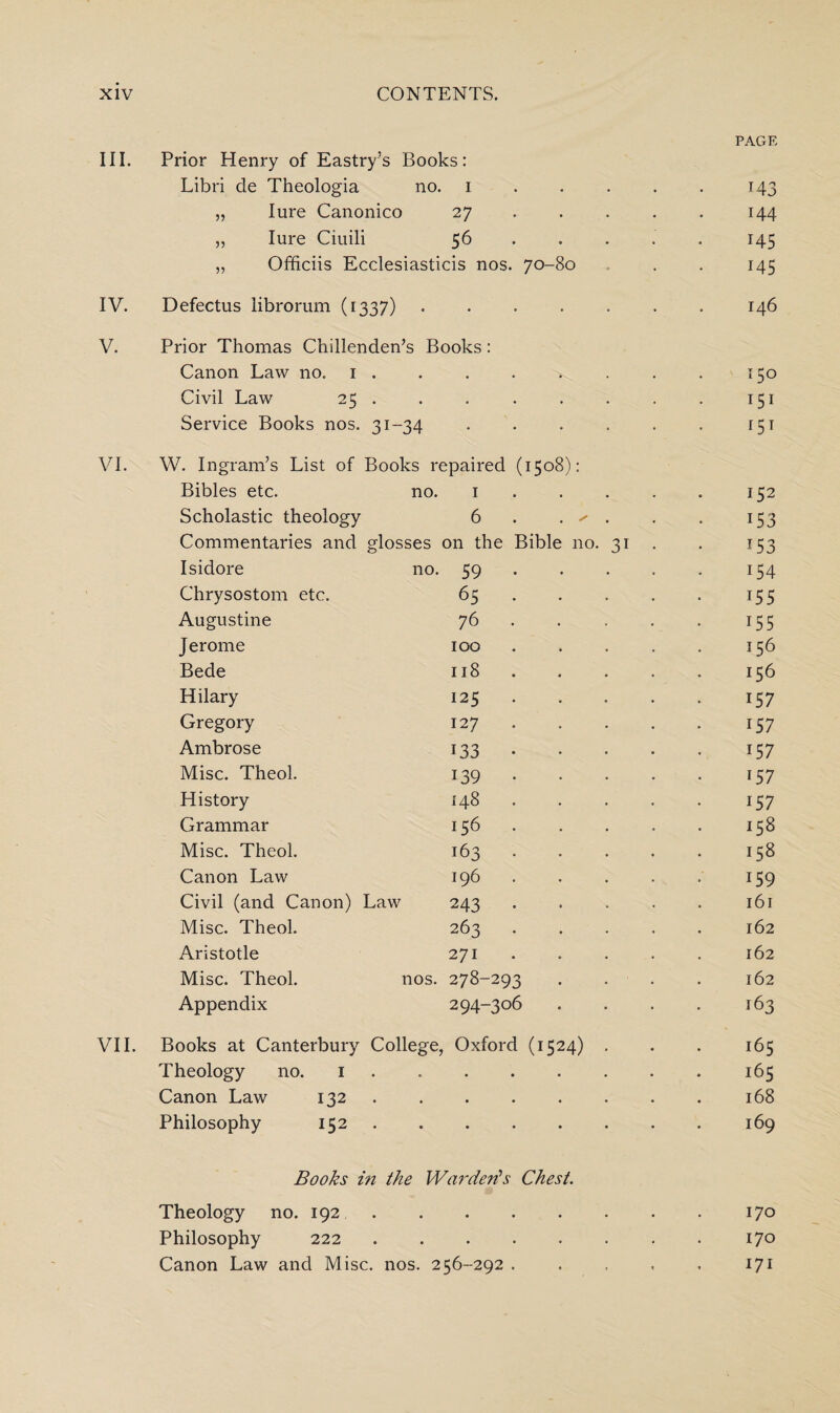 III. Prior Henry of Eastry’s Books: Libri de Theologia no. i „ lure Canonico 27 „ lure Ciuili 56 „ Officiis Ecclesiasticis nos. 70-80 IV. Defectus librorum (1337) .... V. Prior Thomas Chillenden’s Books: Canon Law no. 1 . Civil Law 25 . Service Books nos. 31-34 .... VI. W. Ingram’s List of Books repaired (1508): Bibles etc. no. 1 Scholastic theology 6 . . ✓ . Commentaries and glosses on the Bible no. 31 Isidore no. 59 Chrysostom etc. 65 Augustine 76 Jerome 100 Bede 118 Hilary 125 Gregory 127 Ambrose 133 Misc. Theol. 139 History 148 Grammar 156 Misc. Theol. 163 Canon Law 196 Civil (and Canon) Law 243 Misc. Theol. 263 Aristotle 271 Misc. Theol. nos. 278-293 Appendix 294-306 VII. Books at Canterbury College, Oxford (1524) , Theology no. 1. Canon Law 132. Philosophy 152 Books in the Warden's Chest. Theology no. 192. Philosophy 222. Canon Law and Misc. nos. 256-292 . PAGE M3 144 145 145 146 150 151 I5T 152 153 153 x54 155 155 156 156 157 157 157 i57 157 158 158 159 161 162 162 162 163 165 165 168 169 170 170 171