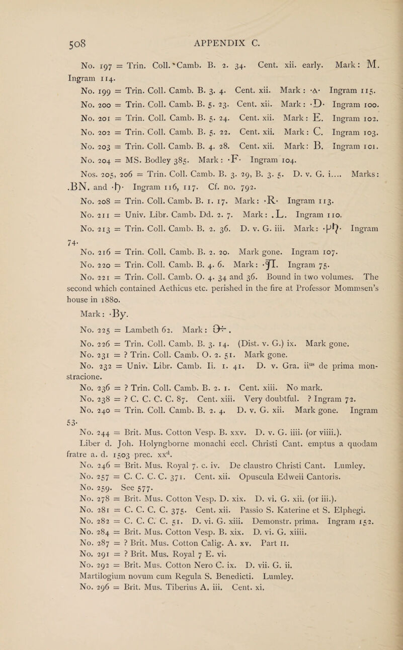 No. 197 = Trin. Coll.'Camb. B. 2. 34. Cent. xii. early. Mark: M. Ingram 114. No. 199 = Trin. Coll. Camb. B. 3. 4. Cent. xii. Mark : -A- Ingram 115. No. 200 = Trin. Coll. Camb. B. 5. 23. Cent. xii. Mark: -3D- Ingram 100. No. 201 = Trin. Coll. Camb. B. 5. 24. Cent. xii. Mark: E. Ingram 102. No. 202 = Trin. Coll. Camb. B. 5. 22. Cent. xii. Mark: C. Ingram 103. No. 203 = Trin. Coll. Camb. B. 4. 28. Cent. xii. Mark: B. Ingram 101. No. 204 = MS. Bodley 385. Mark: -F- Ingram 104. Nos. 205, 206 = Trin. Coll. Camb. B. 3. 29, B. 3. 5. D. v. G. i.... Marks: .BN. and -I)- Ingram 116, 117. Cf. no. 792. No. 208 = Trin. Coll. Camb. B. 1. 17. Mark: -R- Ingram 113. No. 211 = Univ. Libr. Camb. Dd. 2. 7. Mark: .L. Ingram no. No. 213 = Trin. Coll. Camb. B. 2. 36. D. v. G. iii. Mark: Ingram 74- No. 216 = Trin. Coll. Camb. B. 2. 20. Mark gone. Ingram 107. No. 220 = Trin. Coll. Camb. B. 4. 6. Mark: -JT. Ingram 75. No. 221 = Trin. Coll. Camb. O. 4. 34 and 36. Bound in two volumes. The second which contained Aethicus etc. perished in the fire at Professor Mommsen’s house in 1880. Mark: -By. No. 225 = Lambeth 62. Mark: Ok. No. 226 = Trin. Coll. Camb. B. 3. 14. (Dist. v. G.) ix. Mark gone. No. 231 = ? Trin. Coll. Camb. O. 2. 51. Mark gone. No. 232 = Univ. Libr. Camb. Ii. 1. 41. D. v. Gra. iius de prima mon- stracione. No. 236 = ? Trin. Coll. Camb. B. 2. 1. Cent. xiii. No mark. No. 238 = ? C. C. C. C. 87. Cent. xiii. Very doubtful. ? Ingram 72. No. 240 = Trin. Coll. Camb. B. 2. 4. D. v. G. xii. Mark gone. Ingram 53- No. 244 = Brit. Mus. Cotton Vesp. B. xxv. D. v. G. iiii. (or viiii.). Liber d. Joh. Holyngborne monachi eccl. Christi Cant, emptus a quodam fratre a. cl. 1503 prec. xxd. No. 246 = Brit. Mus. Royal 7. c. iv. De claustro Christi Cant. Lumley. No. 257 = C. C. C. C. 371. Cent. xii. Opuscula Edweii Cantoris. No. 259. See 577. No. 278 = Brit. Mus. Cotton Vesp. D. xix. D. vi. G. xii. (or iii.). No. 28r = C. C. C. C. 375. Cent. xii. Passio S. Katerine et S. Elphegi. No. 282 = C. C. C. C. 51. D. vi. G. xiii. Demonstr. prima. Ingram 152. No. 284 = Brit. Mus. Cotton Vesp. B. xix. D. vi. G. xiiii. No. 287 = ? Brit. Mus. Cotton Calig. A. xv. Part 11. No. 291 = ? Brit. Mus. Royal 7 E. vi. No. 292 = Brit. Mus. Cotton Nero C. ix. D. vii. G. ii. Martilogium novum cum Regula S. Benedicti. Lumley. No. 296 = Brit. Mus. Tiberius A. iii. Cent. xi.