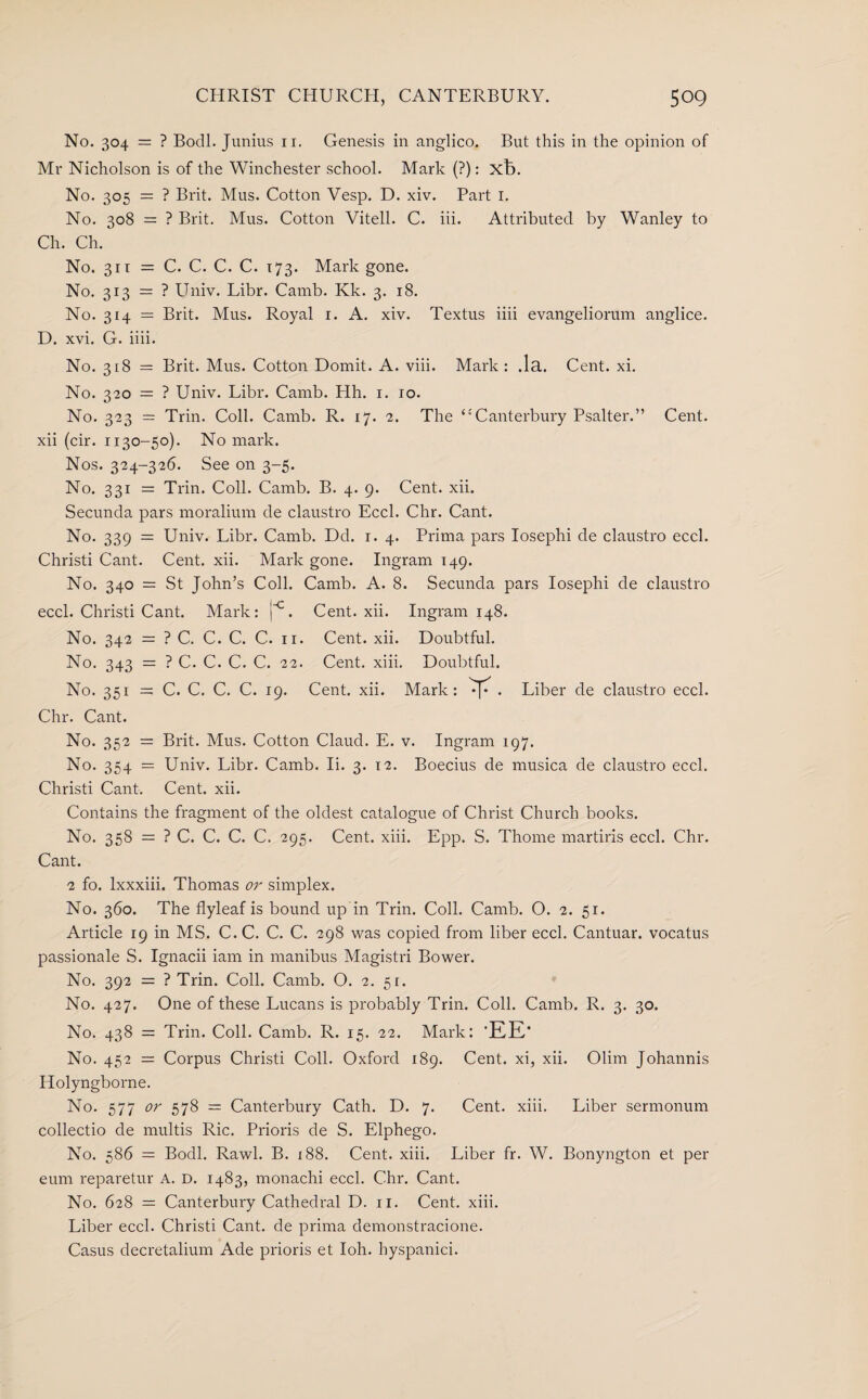 No. 304 = ? Bodl. Junius 11. Genesis in anglico. But this in the opinion of Mr Nicholson is of the Winchester school. Mark (?): xb. No. 305 = ? Brit. Mus. Cotton Vesp. D. xiv. Part 1. No. 308 = ? Brit. Mus. Cotton Vitell. C. iii. Attributed by Wanley to Ch. Ch. No. 311 = C. C. C. C. 173. Mark gone. No. 313 = ? Univ. Libr. Camb. Kk. 3. 18. No. 314 = Brit. Mus. Royal 1. A. xiv. Textus iiii evangeliorum anglice. D. xvi. G. iiii. No. 318 = Brit. Mus. Cotton Domit. A. viii. Mark : .la. Cent. xi. No. 320 = ? Univ. Libr. Camb. Hh. 1. 10. No. 323 = Trin. Coll. Camb. R. 17. 2. The Canterbury Psalter.” Cent, xii (cir. 1130-50). No mark. Nos. 324-326. See on 3-5. No. 331 = Trin. Coll. Camb. B. 4. 9. Cent. xii. Secunda pars moralium de claustro Eccl. Chr. Cant. No. 339 = Univ. Libr. Camb. Dd. r. 4. Prima pars Iosephi de claustro eccl. Christi Cant. Cent. xii. Mark gone. Ingram 149. No. 340 = St John’s Coll. Camb. A. 8. Secunda pars Iosephi de claustro eccl. Christi Cant. Mark: |'c. Cent. xii. Ingram 148. No. 342 = ? C. C. C. C. 11. Cent. xii. Doubtful. No. 343 = ? C. C. C. C. 22. Cent. xiii. Doubtful. No. 351 = C. C. C. C. 19. Cent. xii. Mark: ^ . Liber de claustro eccl. Chr. Cant. No. 352 = Brit. Mus. Cotton Claud. E. v. Ingram 197. No. 354 = Univ. Libr. Camb. Ii. 3. 12. Boecius de musica de claustro eccl. Christi Cant. Cent. xii. Contains the fragment of the oldest catalogue of Christ Church books. No. 358 = ? C. C. C. C. 295. Cent. xiii. Epp. S. Thome martiris eccl. Chr. Cant. 2 fo. lxxxiii. Thomas or simplex. No. 360. The flyleaf is bound up in Trin. Coll. Camb. O. 2. 51. Article 19 in MS. C. C. C. C. 298 was copied from liber eccl. Cantuar. vocatus passionale S. Ignacii iam in manibus Magistri Bower. No. 392 = ? Trin. Coll. Camb. O. 2. 5r. No. 427. One of these Lucans is probably Trin. Coll. Camb. R. 3. 30. No. 438 = Trin. Coll. Camb. R. 15. 22. Mark: ’EE’ No. 452 = Corpus Christi Coll. Oxford 189. Cent, xi, xii. Olim Johannis Holyngborne. No. 577 or 578 = Canterbury Cath. D. 7. Cent. xiii. Liber sermonum collectio de multis Ric. Prioris de S. Elphego. No. 586 = Bodl. Rawl. B. 188. Cent. xiii. Liber fr. W. Bonyngton et per eum reparetur A. D. 1483, monachi eccl. Chr. Cant. No. 628 = Canterbury Cathedral D. 11. Cent. xiii. Liber eccl. Christi Cant, de prima demonstracione. Casus decretalium Ade prioris et Ioh. hyspanici.