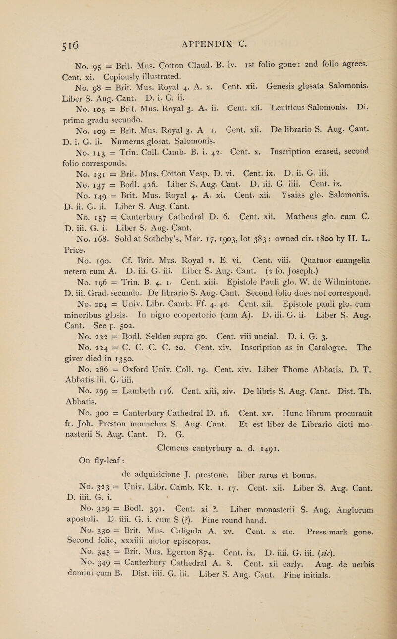 No. 95 = Brit. Mus. Cotton Claud. B. iv. 1st folio gone: 2nd folio agrees. Cent. xi. Copiously illustrated. No. 98 = Brit. Mus. Royal 4. A. x. Cent. xii. Genesis glosata Salomonis. Liber S. Aug. Cant, D. i. G. ii. No. 105 = Brit. Mus. Royal 3. A. ii. Cent. xii. Leuiticus Salomonis. Di. prima gradu secundo. No. 109 = Brit. Mus. Royal 3. A, r. Cent. xii. De librario S. Aug. Cant. D. i. G. ii. Numerus glosat. Salomonis. No. 113 = Trin. Coll. Camb. B. i. 42. Cent. x. Inscription erased, second folio corresponds. No. 131 = Brit. Mus. Cotton Vesp. D. vi. Cent. ix. D. ii. G. iii. No. 137 = Bodl. 426. Liber S. Aug. Cant. D. iii. G. iiii. Cent. ix. No. 149 = Brit. Mus. Royal 4. A. xi. Cent. xii. Ysaias glo. Salomonis. D. ii. G. ii. Liber S. Aug. Cant. No. 157 = Canterbury Cathedral D. 6. Cent. xii. Matheus glo. cum C. D. iii. G. i. Liber S. Aug. Cant. No. 168. Sold at Sotheby’s, Mar. 17, 1903, lot 383 : owned cir. 1800 by H. L. Price. No. 190. Cf. Brit. Mus. Royal 1. E. vi. Cent. viii. Quatuor euangelia uetera cum A. D. iii. G. iii. Liber S. Aug. Cant. (2 fo. Joseph.) No. 196 = Trin. B. 4. 1. Cent. xiii. Epistole Pauli glo. W. de Wilmintone. D. iii. Grad, secundo. De librario S. Aug. Cant. Second folio does not correspond. No. 204 = Univ. Libr. Camb. Ff. 4. 40. Cent. xii. Epistole pauli glo. cum minoribus glosis. In nigro coopertorio (cum A). D. iii. G. ii. Liber S. Aug. Cant. See p. 502. No. 222 = Bodl. Selden supra 30. Cent, viii uncial. D. i. G. 3. No. 224 = C. C. C. C. 20. Cent. xiv. Inscription as in Catalogue. The giver died in 1350. No. 286 = Oxford Univ. Coll. 19. Cent. xiv. Liber Thome Abbatis. D. T. Abbatis iii. G. iiii. No. 299 = Lambeth 116. Cent, xiii, xiv. De libris S. Aug. Cant. Dist. Th. Abbatis. No. 300 = Canterbury Cathedral D. 16. Cent. xv. Hunc librum procurauit fr. Joh. Preston monachus S. Aug. Cant. Et est liber de Librario dicti mo- nasterii S. Aug. Cant. D. G. Clemens cantyrbury a. d. 1491. On fly-leaf: de adquisicione J. prestone, liber rarus et bonus. No. 323 = Univ. Libr. Camb. Kk. 1. 17. Cent. xii. Liber S. Aug. Cant. D. iiii. G. i. No. 329 = Bodl. 391. Cent, xi ?. Liber monasterii S. Aug. Anglorum apostoli. D. iiii. G. i. cum S (?). Fine round hand. No. 330 = Brit. Mus. Caligula A. xv. Cent, x etc. Press-mark gone. Second folio, xxxiiii uictor episcopus. No. 345 = Brit. Mus. Egerton 874. Cent. ix. D. iiii. G. iii. {sic). No. 349 = Canterbury Cathedral A. 8. Cent, xii early. Aug. de uerbis domini cum B. Dist. iiii. G. iii. Liber S. Aug. Cant. Fine initials.