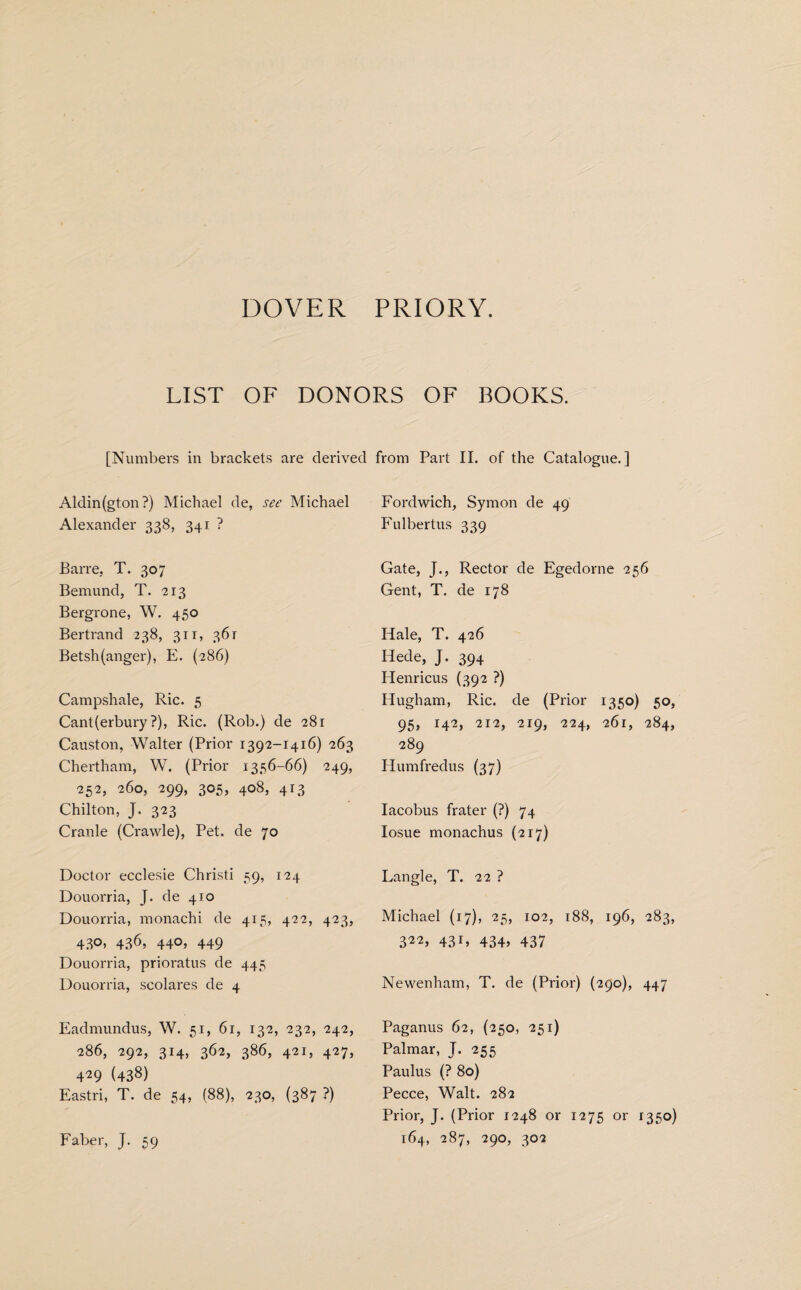 DOVER PRIORY. LIST OF DONORS OF BOOKS. [Numbers in brackets are derived from Part II. of the Catalogue.] Aldington?) Michael de, see Michael Alexander 338, 341 ? Barre, T. 307 Bemund, T. 213 Bergrone, W. 450 Bertrand 238, 311, 361 Betsh(anger), E. {286) Campshale, Ric. 5 Canterbury ?), Ric. (Rob.) de 281 Causton, Walter (Prior 1392-1416) 263 Chertham, W. (Prior 1356-66) 249, 252, 260, 299, 305, 408, 413 Chilton, J. 323 Cranle (Crawle), Pet. de 70 Doctor ecclesie Christi 59, 124 Douorria, J. de 410 Douorria, monachi de 415, 422, 423, 430. 436, 44°? 449 Douorria, prioratus de 445 Douorria, scolares de 4 Eadmundus, W. 51, 61, 132, 232, 242, 286, 292, 314, 362, 386, 421, 427, 4^9 (438) Eastri, T. de 54, (88), 230, (387 ?) Faber, J. 59 Fordwich, Symon de 49 Fulbertus 339 Gate, J., Rector de Egedorne 256 Gent, T. de 178 Hale, T. 426 Iiede, J. 394 Henricus (392 ?) Hugham, Ric. de (Prior 1350) 50, 95, 142, 212, 219, 224, 261, 284, 289 Humfredus (37) Iacobus frater (?) 74 Iosue monachus (217) Langle, T. 22 ? Michael (17), 25, 102, 188, 196, 283, 322j 43T> 434> 437 Newenham, T. de (Prior) (290), 447 Paganus 62, (250, 251) Palmar, J. 255 Paulus (? 80) Pecce, Walt. 282 Prior, J. (Prior 1248 or 1275 or 1350) 164, 287, 290, 302