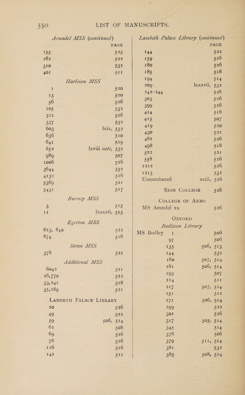 Arundel MSS (continued) J55 PAGE 525 282 522 310 532 401 511 1 Harleian MSS 520 13 520 56 526 !°5 532 322 526 33 7 532 603 lxix, 532 636 5r° 641 519 652 lxviii note, 532 989 507 1006 526 3644 S32 4r32 516 5369 521 5431 517 3 Burney MSS 5i5 11 lxxxvii, 515 823, 840 Egerton MSS 522 GO 4- 5t6 378 Stowe MSS 522 6042 Additional MSS 521 26,770 522 33>24T 518 35,289 521 Lambeth Palace Library 20 526 49 522 59 506, 514 62 508 69 526 78 52 6 116 516 142 511 Lambeth Palace Library (continued) PAGE 144 522 159 526 180 526 185 00 b-i 194 5r4 209 lxxxvii. S32 242-244 526 303 526 399 526 414 518 4*5 507 419 520 430 522 482 526 498 518 522 521 558 526 1212 526 1213 532 U nn umbered xxiii, 526 Sion College 526 College of Arms MS Arundel xx 526 Oxford Bodleian Library MS Bodley 1 506 97 5° 6 135 506, 5r3 144 532 160 5°7> 5*4 161 50 6, 5M 193 507 214 5ii 217 5°7> 5 r4 251 S12 271 506, 5*4 299 522 301 526 3i7 5°5< 5H 345 5H 378 506 379 5ir> 5M 381 532 385 5°8, 5*4
