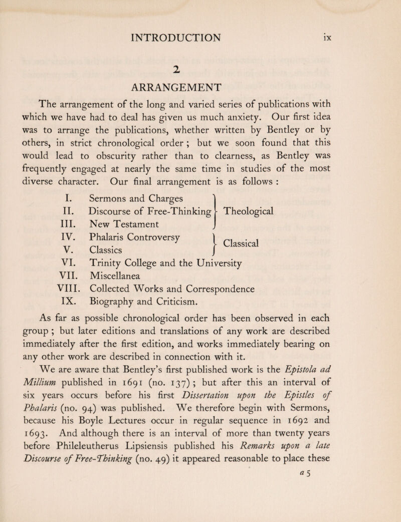 2 ARRANGEMENT The arrangement of the long and varied series of publications with which we have had to deal has given us much anxiety. Our first idea was to arrange the publications, whether written by Bentley or by others, in strict chronological order ; but we soon found that this would lead to obscurity rather than to clearness, as Bentley was frequently engaged at nearly the same time in studies of the most diverse character. Our final arrangement is as follows : I. II. III. IV. V. VI. VII. VIII. IX. Theological Classical Sermons and Charges Discourse of Free-Thinking New Testament Phalaris Controversy Classics Trinity College and the University Miscellanea Collected Works and Correspondence Biography and Criticism. As far as possible chronological order has been observed in each group ; but later editions and translations of any work are described immediately after the first edition, and works immediately bearing on any other work are described in connection with it. We are aware that Bentley’s first published work is the Epistola ad Millium published in 1691 (no. 137) ; but after this an interval of six years occurs before his first Dissertation upon the Epistles of Phalaris (no. 94) was published. We therefore begin with Sermons, because his Boyle Lectures occur in regular sequence in 1692 and 1693. And although there is an interval of more than twenty years before Phileleutherus Lipsiensis published his Remarks upon a late Discourse of Free-Thinking (no. 49) it appeared reasonable to place these *5