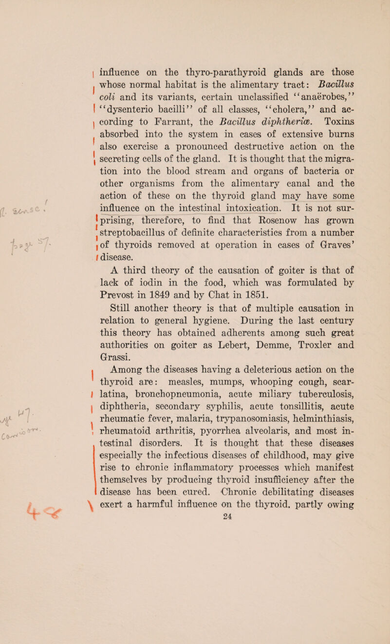 I influence on the thyro-parathyroid glands are those I whose normal habitat is the alimentary tract: Bacillus coli and its variants, certain unclassified “ anaerobes, ’ ’ I “dysenterio bacilli” of all classes, “cholera,” and ac- I cording to Farrant, the Bacillus diphtherice. Toxins absorbed into the system in cases of extensive bums also exercise a pronounced destructive action on the \ secreting cells of the gland. It is thought that the migra¬ tion into the blood stream and organs of bacteria or other organisms from the alimentary canal and the action of these on the thyroid gland may have some influence on the intestinal intoxication. It is not sur- l prising, therefore, to find that Rosenow has grown ! streptobacillus of definite characteristics from a number lof thyroids removed at operation in cases of Graves’ I disease. A third theory of the causation of goiter is that of lack of iodin in the food, which was formulated by Prevost in 1849 and by Chat in 1851. Still another theory is that of multiple causation in relation to general hygiene. During the last century this theory has obtained adherents among such great authorities on goiter as Lebert, Demme, Troxler and Grassi. I Among the diseases having a deleterious action on the thyroid are: measles, mumps, whooping cough, scar- I latina, bronchopneumonia, acute miliary tuberculosis, diphtheria, secondary syphilis, acute tonsillitis, acute ^ rheumatic fever, malaria, trypanosomiasis, helminthiasis, ; rheumatoid arthritis, pyorrhea alveolaris, and most in¬ testinal disorders. It is thought that these diseases especially the infectious diseases of childhood, may give rise to chronic inflammatory processes which manifest themselves by producing thyroid insufficiency after the disease has been cured. Chronic debilitating diseases \ exert a harmful influence on the thyroid, partly owing