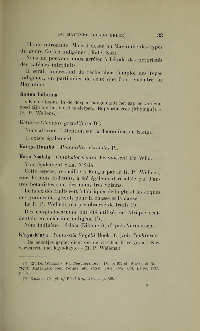 I lanle introduite. Mais il existe au Mayumbe des types du genre Coffea indigènes : Kafé, Kazi. Nous ne pouvons nous arrêter à l’étude des propriétés des caféiers introduits. II serait intéressant de rechercher l’emploi des types indigènes, en particulier de ceux que l’on rencontre au Mayumbe. Kanga Lubuma « Kleine boom, in de dorpen aangeplant; het sap er van zou goed zijn om het bloed te stelpen. (Euphorbiaceae rMiyingul). » (R. P. Wellens.) Kanga = C'lematis grandiflora DC. Nous attirons l’attention sur la dénomination Kanga. 11 existe également : Kanga-Dombo = Momordica cissoides PL Kaya-Nsalala = Omphalocarpum Verra,oeseni De Wild. Voir également Sala, N’Sala. Cette espèce, recueillie à Kangu par le R. P. Wellens, sous le nom ci-dessus, a été également récoltée par d’au¬ tres botanistes sous des noms très voisins. Le latex des fruits sert à fabriquer de la glu et les coques des graines des grelots pour la chasse et la danse. Le R. P. Wellens n’a pas observé de fruits (*). Des Omphalocarpum ont été utilisés en Afrique occi¬ dentale en médecine indigène (2). Nom indigène : Salala (Kikongo), d’après Vermoesen. K’aya-It’aya = Tephrosia Vogelii Hook. f, (voir Tephvosia). « De boontjes geplet dient om de visschen te vergeven. (Niet verwarren met kayo-kayo.) » (R. P. Wellens.) (P Cf. De Wildeman, PI. Bequaerticinae, IV, p. 97; cf. Staner et Bou¬ tique, Matériaux pour l’étude, etc. (.Mém. Inst. Boy. Col. Belge, 1937. p. 97.) (2) Dalziel, Us. pl. of West trop. Africa, p. 359. 3
