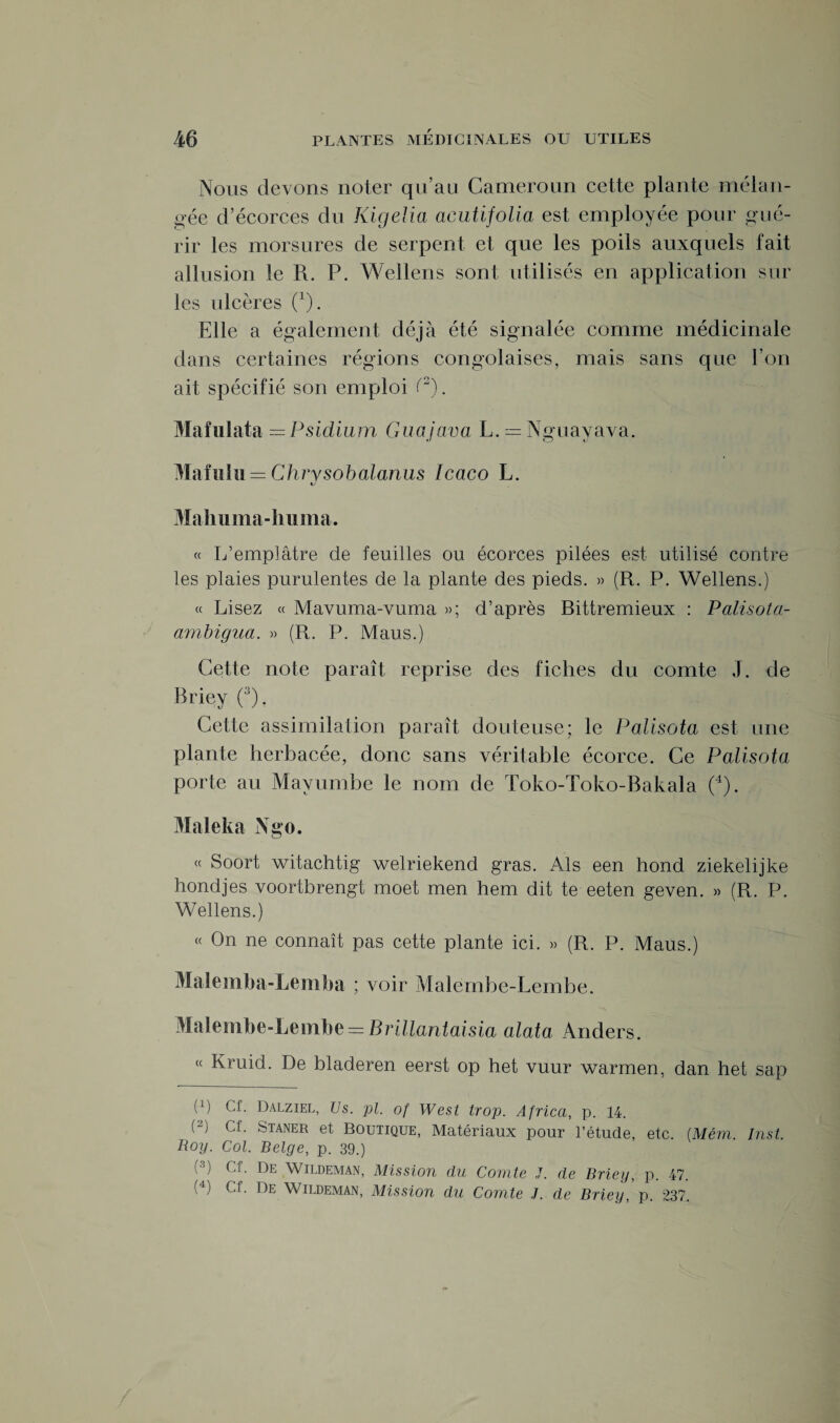 Nous devons noter qu’au Cameroun cette plante mélan¬ gée d’écorces du Kigelia acutifolia est employée pour gué¬ rir les morsures de serpent et que les poils auxquels fait allusion le R. P. Wellens sont utilisés en application sur les ulcères 0). Elle a également déjà été signalée comme médicinale dans certaines régions congolaises, mais sans que l’on ait spécifié son emploi f2). Mafulata =Psidium Guajava L. = Nguayava. Mafuhi — Chrysobalanus Icaco L. «y Malmma-îmma. « L’emplâtre de feuilles ou écorces pilées est utilisé contre les plaies purulentes de la plante des pieds. » (R. P. Wellens.) « Lisez « Mavuma-vuma »; d’après Bittremieux : Palisota- ambigua. » (R. P. Mau s.) Cette note paraît reprise des fiches du comte J. de Briey (3). Cette assimilation paraît douteuse; le Palisota est une plante herbacée, donc sans véritable écorce. Ce Palisota porte au Mavumbe le nom de Toko-Toko-Bakala (4). Maleka N go. « Soort witachtig welriekend gras. Als een hond ziekelijke hondjes voortbrengt moet men hem dit te eeten geven. » (R. P. Wellens.) « On ne connaît pas cette plante ici. » (R. P. Maus.) Malemba-Lemba ; voir Malembe-Lembe. Malembe-Lembe == Brillantaisia alata Anders. « Kruid. De bladeren eerst op het vuur warmen, dan het sap (b Cl. Dalziel, Us. pl. of West trop). Africa, p. 14. (b Cf. Staner et Boutique, Matériaux pour l’étude, etc. (.Mém Inst Roy. Col. Belge, p. 39.) (3) Cf. De Wildeman, Mission du Comte J. de Briey, p. 47. (4) Cf. De Wildeman, Mission du Comte J. de Briey, p. 237.