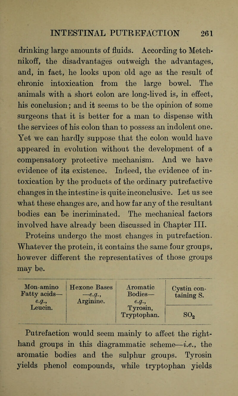 drinking large amounts of fluids. According to Metch- nikoff, the disadvantages outweigh the advantages, and, in fact, he looks upon old age as the result of chronic intoxication from the large bowel. The animals with a short colon are long-lived is, in effect, his conclusion; and it seems to be the opinion of some surgeons that it is better for a man to dispense with the services of his colon than to possess an indolent one. Yet we can hardly suppose that the colon would have appeared in evolution without the development of a compensatory protective mechanism. And we have evidence of its existence. Indeed, the evidence of in¬ toxication by the products of the ordinary putrefactive changes in the intestine is quite inconclusive. Let us see what these changes are, and how far any of the resultant bodies can be incriminated. The mechanical factors involved have already been discussed in Chapter III. Proteins undergo the most changes in putrefaction. Whatever the protein, it contains the same four groups, however different the representatives of those groups may be. Mon-amino Hexone Bases Aromatic Cystin con- Fatty acids— —e.g.. Bodies— taining S. e.g., Leucin. Arginine. e.g., Tyrosin, Tryptophan. so2 Putrefaction would seem mainly to affect the right- hand groups in this diagrammatic scheme—i.e., the aromatic bodies and the sulphur groups. Tyrosin yields phenol compounds, while tryptophan yields