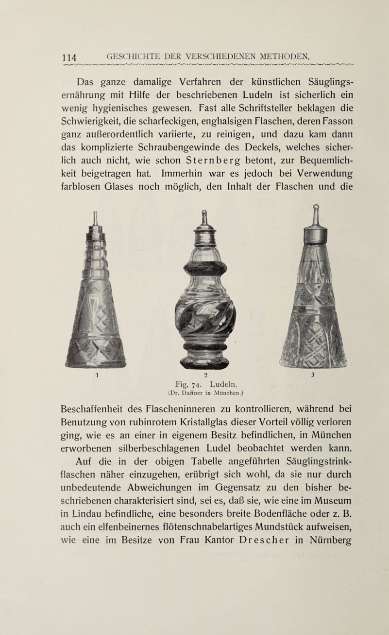 Das ganze damalige Verfahren der künstlichen Säuglings¬ ernährung mit Hilfe der beschriebenen Ludeln ist sicherlich ein wenig hygienisches gewesen. Fast alle Schriftsteller beklagen die Schwierigkeit, die scharfeckigen, enghalsigen Flaschen, deren Fasson ganz außerordentlich variierte, zu reinigen, und dazu kam dann das komplizierte Schraubengewinde des Deckels, welches sicher¬ lich auch nicht, wie schon Sternberg betont, zur Bequemlich¬ keit beigetragen hat. Immerhin war es jedoch bei Verwendung farblosen Glases noch möglich, den Inhalt der Flaschen und die 3 2 Fig. 74. Ludeln. (Dr. Daffner in München.) Beschaffenheit des Flascheninneren zu kontrollieren, während bei Benutzung von rubinrotem Kristallglas dieser Vorteil völlig verloren ging, wie es an einer in eigenem Besitz befindlichen, in München erworbenen silberbeschlagenen Ludel beobachtet werden kann. Auf die in der obigen Tabelle angeführten Säuglingstrink¬ flaschen näher einzugehen, erübrigt sich wohl, da sie nur durch unbedeutende Abweichungen im Gegensatz zu den bisher be¬ schriebenen charakterisiert sind, sei es, daß sie, wie eine im Museum in Lindau befindliche, eine besonders breite Bodenfläche oder z. B. auch ein elfenbeinernes flötenschnabelartiges Mundstück aufweisen, wie eine im Besitze von Frau Kantor Drescher in Nürnberg