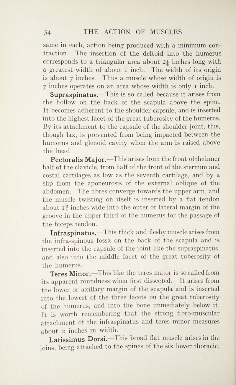 same in each, action being produced with a minimum con¬ traction. The insertion of the deltoid into the humerus corresponds to a triangular area about 24 inches long with a greatest width of about 1 inch. The width of its origin is about 7 inches. Thus a muscle whose width of origin is 7 inches operates on an area whose width is only 1 inch. Supraspinatus.—This is so called because it arises from the hollow on the back of the scapula above the spine. It becomes adherent to the shoulder capsule, and is inserted into the highest facet of the great tuberosity of the humerus. By its attachment to the capsule of the shoulder joint, this, though lax, is prevented from being impacted between the humerus and glenoid cavity when the arm is raised above the head. Pectoralis Major.—This arises from the front oftheinner half of the clavicle, from half of the front of the sternum and costal cartilages as low as the seventh cartilage, and by a slip from the aponeurosis of the external oblique of the abdomen. The fibres converge towards the upper arm, and the muscle twisting on itself is inserted by a flat tendon about if inches wide into the outer or lateral margin of the groove in the upper third of the humerus for the passage of the biceps tendon. Infraspinatus.—This thick and fleshy muscle arises from the infra-spinous fossa on the back of the scapula and is inserted into the capsule of the joint like the supraspinatus, and also into the middle facet of the great tuberosity of the humerus. Teres Minor.—This like the teres major is so called from its apparent roundness when first dissected. It arises from the lower or axillary margin of the scapula and is inserted into the lowest of the three facets on the great tuberosity of the humerus, and into the bone immediately below it. It is worth remembering that the strong fibro-muscular attachment of the infraspinatus and teres minor measures about 2 inches in width. Latissimus Dorsi.—This broad flat muscle arises in the loins, being attached to the spines of the six lower thoracic,