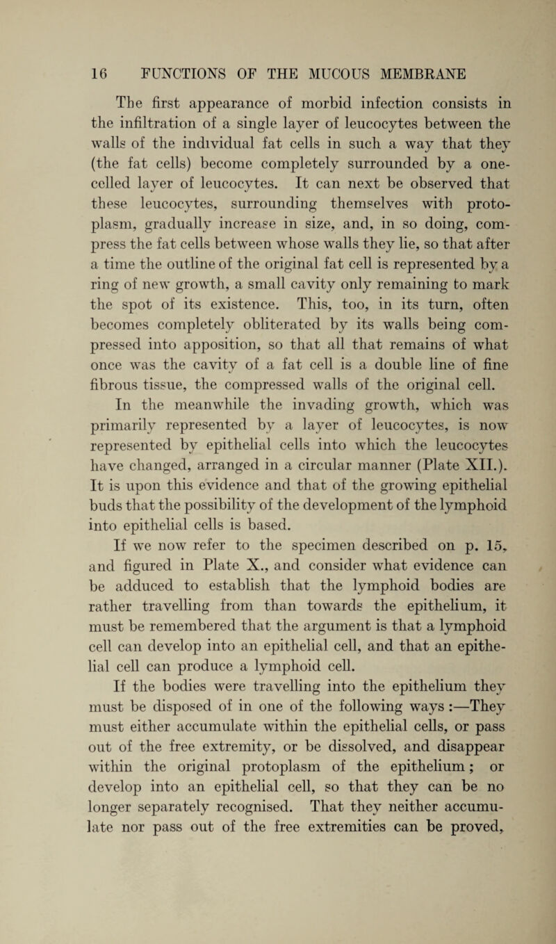 The first appearance of morbid infection consists in the infiltration of a single layer of leucocytes between the walls of the individual fat cells in such a way that they (the fat cells) become completely surrounded by a one- celled layer of leucocytes. It can next be observed that these leucocytes, surrounding themselves with proto¬ plasm, gradually increase in size, and, in so doing, com¬ press the fat cells between whose walls they lie, so that after a time the outline of the original fat cell is represented by a ring of new growth, a small cavity only remaining to mark the spot of its existence. This, too, in its turn, often becomes completely obliterated by its walls being com¬ pressed into apposition, so that all that remains of what once was the cavity of a fat cell is a double line of fine fibrous tissue, the compressed walls of the original cell. In the meanwhile the invading growth, which was primarily represented by a layer of leucocytes, is now represented by epithelial cells into which the leucocytes have changed, arranged in a circular manner (Plate XII.). It is upon this evidence and that of the growing epithelial buds that the possibility of the development of the lymphoid into epithelial cells is based. If we now refer to the specimen described on p. 15* and figured in Plate X., and consider what evidence can be adduced to establish that the lymphoid bodies are rather travelling from than towards the epithelium, it must be remembered that the argument is that a lymphoid cell can develop into an epithelial cell, and that an epithe¬ lial cell can produce a lymphoid cell. If the bodies were travelling into the epithelium they must be disposed of in one of the following ways :—They must either accumulate within the epithelial cells, or pass out of the free extremity, or be dissolved, and disappear within the original protoplasm of the epithelium; or develop into an epithelial cell, so that they can be no longer separately recognised. That they neither accumu¬ late nor pass out of the free extremities can be proved,