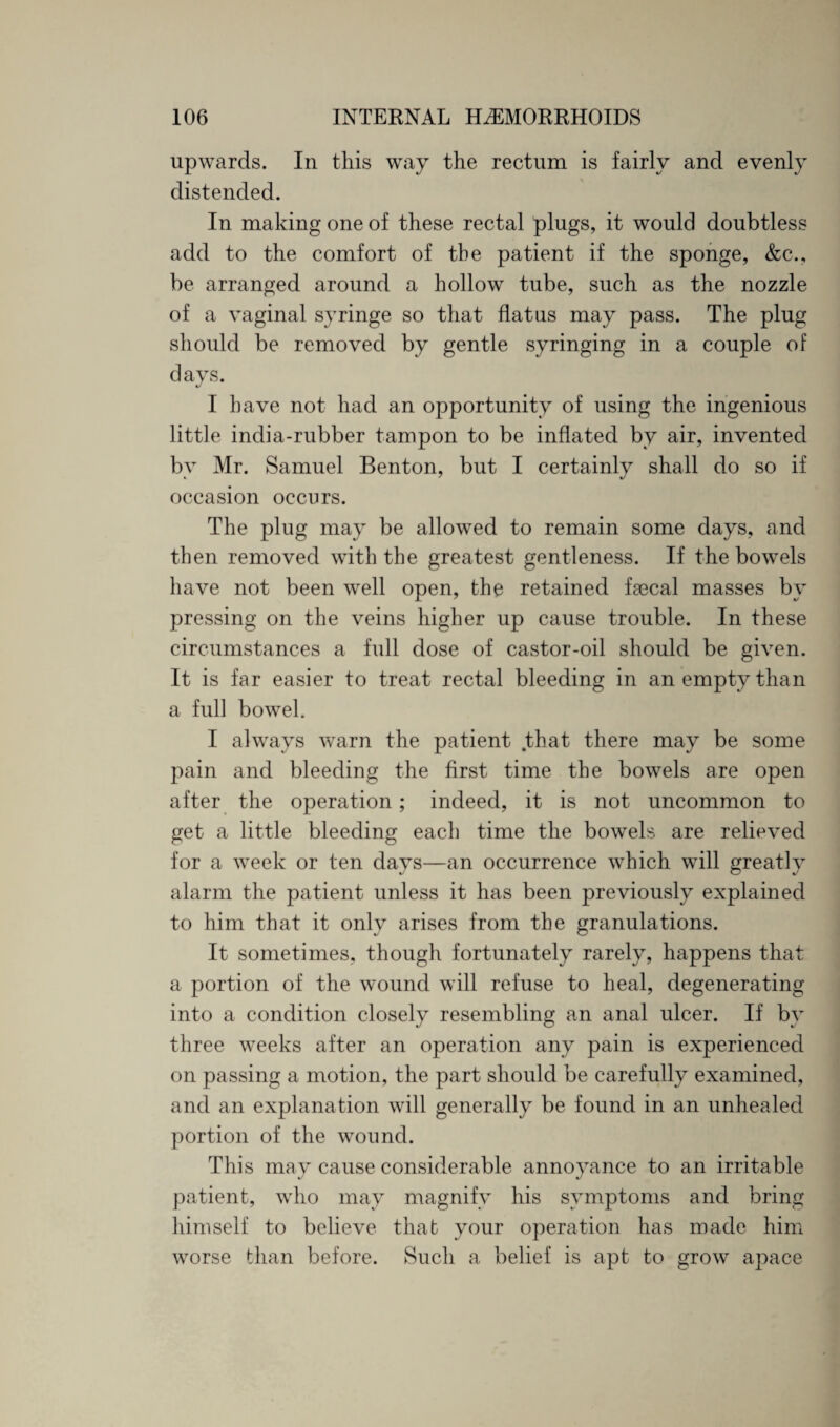 upwards. In this way the rectum is fairly and evenly distended. In making one of these rectal plugs, it would doubtless add to the comfort of the patient if the sponge, &c., be arranged around a hollow tube, such as the nozzle of a vaginal syringe so that flatus may pass. The plug should be removed by gentle syringing in a couple of days. I have not had an opportunity of using the ingenious little india-rubber tampon to be inflated by air, invented bv Mr. Samuel Benton, but I certainly shall do so if occasion occurs. The plug may be allowed to remain some days, and then removed with the greatest gentleness. If the bowels have not been well open, the retained faecal masses by pressing on the veins higher up cause trouble. In these circumstances a full dose of castor-oil should be given. It is far easier to treat rectal bleeding in an empty than a full bowel. I always warn the patient that there may be some pain and bleeding the first time the bowels are open after the operation; indeed, it is not uncommon to get a little bleeding each time the bowels are relieved for a week or ten days—an occurrence which will greatly alarm the patient unless it has been previously explained to him that it only arises from the granulations. It sometimes, though fortunately rarely, happens that a portion of the wound will refuse to heal, degenerating into a condition closely resembling an anal ulcer. If by three weeks after an operation any pain is experienced on passing a motion, the part should be carefully examined, and an explanation will generally be found in an unhealed portion of the wound. This may cause considerable annoyance to an irritable patient, who may magnify his symptoms and bring himself to believe that your operation has made him worse than before. Such a belief is apt to grow apace