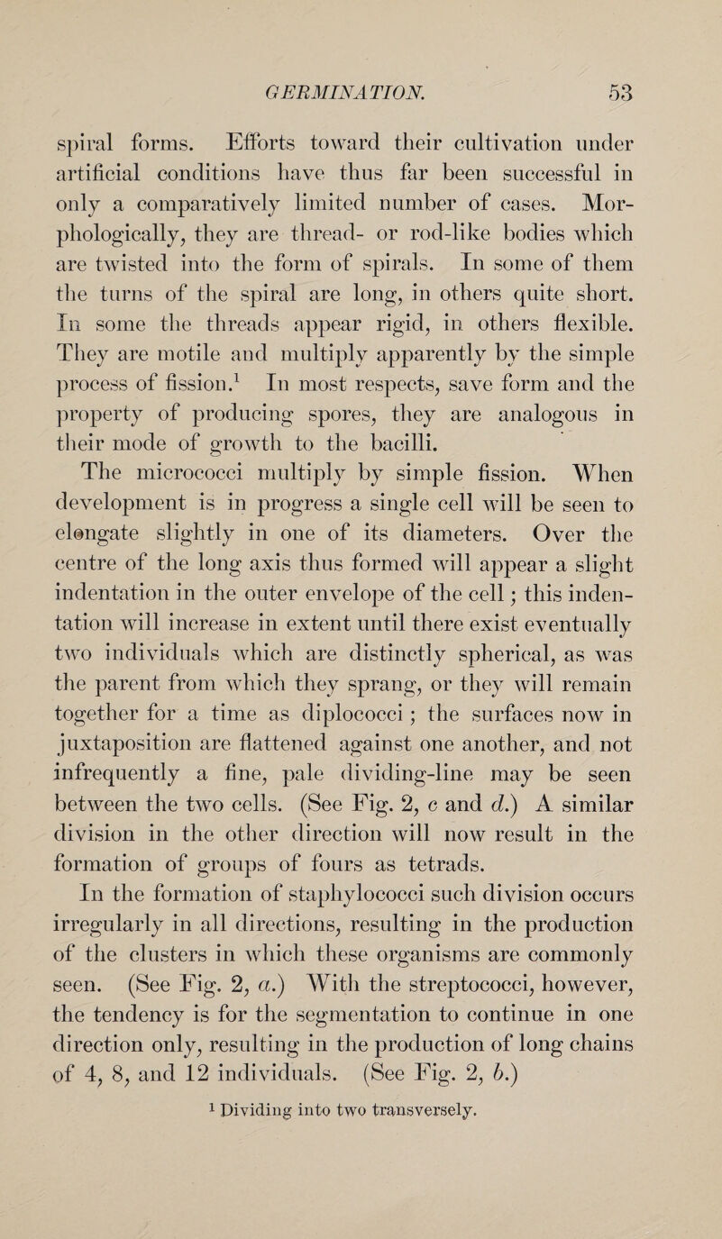 spiral forms. Efforts toward their cultivation under artificial conditions have thus far been successful in only a comparatively limited number of cases. Mor¬ phologically, they are thread- or rod-like bodies which are twisted into the form of spirals. In some of them the turns of the spiral are long, in others quite short. In some the threads appear rigid, in others flexible. They are motile and multiply apparently by the simple process of fission.1 In most respects, save form and the property of producing spores, they are analogous in their mode of growth to the bacilli. The micrococci multiply by simple fission. When development is in progress a single cell will be seen to elongate slightly in one of its diameters. Over the centre of the long axis thus formed will appear a slight indentation in the outer envelope of the cell; this inden¬ tation will increase in extent until there exist eventually two individuals which are distinctly spherical, as was the parent from which they sprang, or they will remain together for a time as diplococci; the surfaces now in juxtaposition are flattened against one another, and not infrequently a fine, pale dividing-line may be seen between the two cells. (See Fig. 2, c and d.) A similar division in the other direction will now result in the formation of groups of fours as tetrads. In the formation of staphylococci such division occurs irregularly in all directions, resulting in the production of the clusters in which these organisms are commonly seen. (See Fig. 2, a.) With the streptococci, however, the tendency is for the segmentation to continue in one direction only, resulting in the production of long chains of 4, 8, and 12 individuals. (See Fig. 2, b.) 1 Dividing into two transversely.