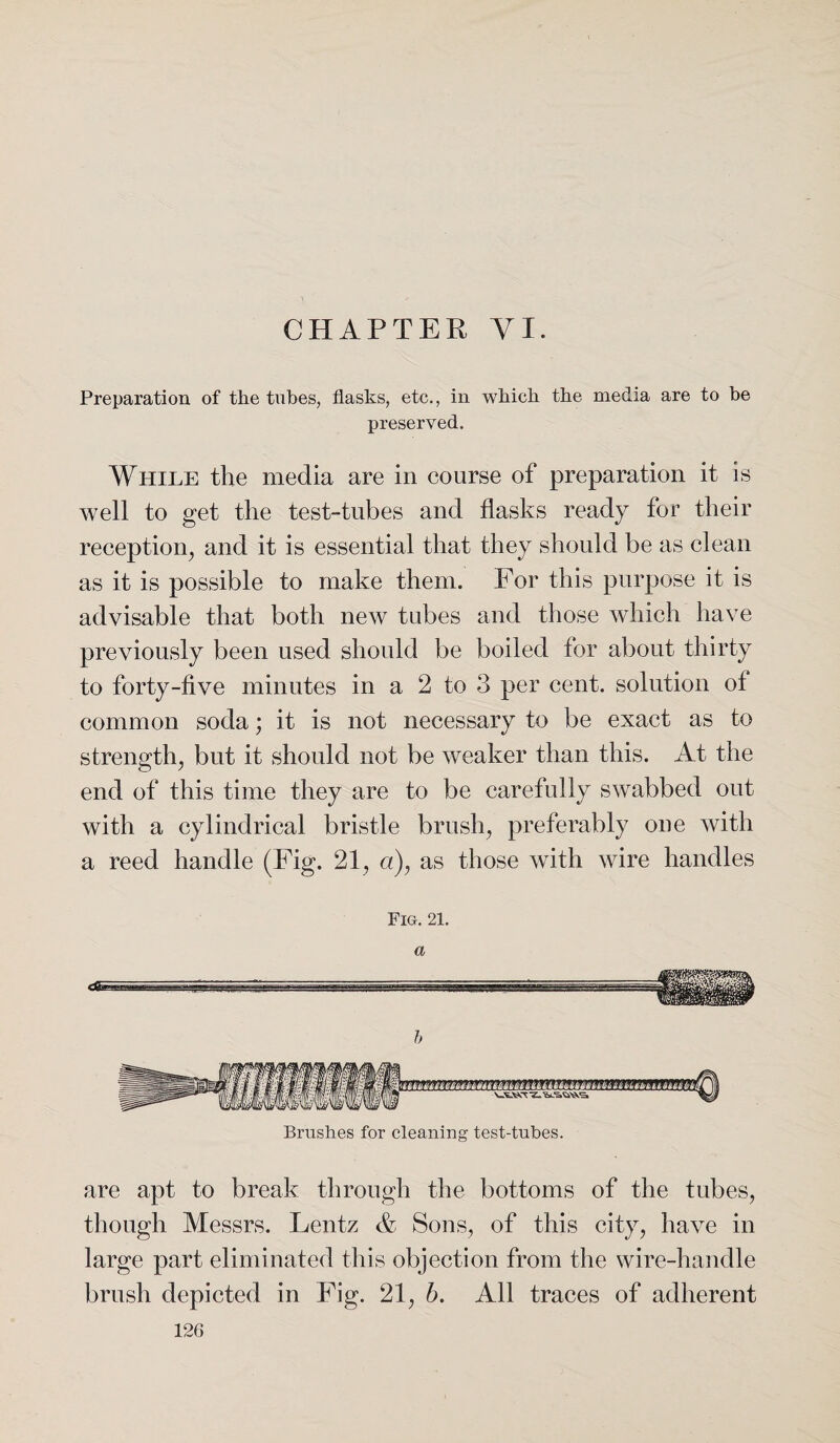 Preparation of the tubes, flasks, etc., in which the media are to be preserved. While the media are in course of preparation it is well to get the test-tubes and flasks ready for their reception, and it is essential that they should be as clean as it is possible to make them. For this purpose it is advisable that both new tabes and those which have previously been used should be boiled for about thirty to forty-five minutes in a 2 to 3 per cent, solution of common soda; it is not necessary to be exact as to strength, but it should not be weaker than this. At the end of this time they are to be carefully swabbed out with a cylindrical bristle brush, preferably one with a reed handle (Fig. 21, a), as those with wire handles Fig. 21. a b Brushes for cleaning test-tubes. are apt to break through the bottoms of the tubes, though Messrs. Lentz & Sons, of this city, have in large part eliminated this objection from the wire-handle brush depicted in Fig. 21, b. All traces of adherent
