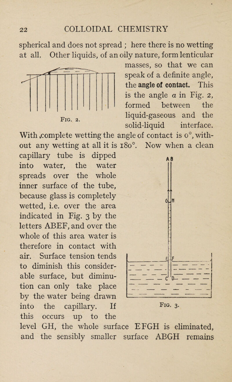 spherical and does not spread ; here there is no wetting at all. Other liquids, of an oily nature, form lenticular masses, so that we can speak of a definite angle, the angle of contact. This is the angle a in Fig. 2, formed between the liquid-gaseous and the solid-liquid interface. Fig. 2. AB With complete wetting the angle of contact is o°, with¬ out any wetting at all it is 1800. Now when a clean capillary tube is dipped into water, the water spreads over the whole inner surface of the tube, because glass is completely wetted, i.e. over the area indicated in Fig. 3 by the letters ABEF, and over the whole of this area water is therefore in contact with air. Surface tension tends to diminish this consider¬ able surface, but diminu¬ tion can only take place by the water being drawn into the capillary. If this occurs up to the level GH, the whole surface EFGH is eliminated, and the sensibly smaller surface ABGH remains — c 0- Fig. 3.