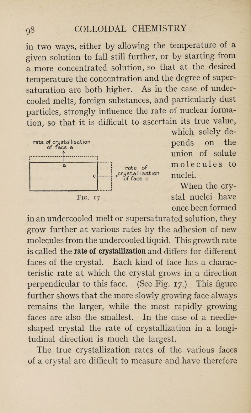 in two ways, either by allowing the temperature of a given solution to fall still further, or by starting from a more concentrated solution, so that at the desired temperature the concentration and the degree of super¬ saturation are both higher. As in the case of under¬ cooled melts, foreign substances, and particularly dust particles, strongly influence the rate of nuclear forma- rate of crystallisation of face a A rate of ^crystallisation of face c Fig. 17. tion, so that it is difficult to ascertain its true value, which solely de- ;rystallisation penQS On the face a r union of solute molecules to nuclei. When the cry¬ stal nuclei have once been formed in an undercooled melt or supersaturated solution, they grow further at various rates by the adhesion of new molecules from the undercooled liquid. This growth rate is called the rate of crystallization and differs for different faces of the crystal. Each kind of face has a charac¬ teristic rate at which the crystal grows in a direction perpendicular to this face. (See Fig. 17.) This figure further shows that the more slowly growing face always remains the larger, while the most rapidly growing faces are also the smallest. In the case of a needle- shaped crystal the rate of crystallization in a longi¬ tudinal direction is much the largest. The true crystallization rates of the various faces of a crystal are difficult to measure and have therefore