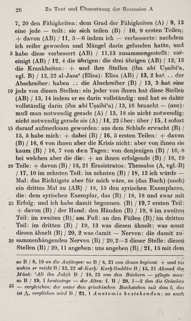 7, 20 den Fähigkeiten: dem Grad der Fähigkeiten (A) / 9, 13 eine jede — teilt: sie sich teilen (B) / 10, 9 ersten Teilen; + davon (AB) / 11, 5—6 indem ich — verbesserte: nachdem ich reifer geworden und Mängel darin gefunden hatte, und 5 habe diese verbessert (AB) / 11,13 zusammengestellt: ver¬ einigt (AB) / 12, 4 die übrigen: die drei übrigen (AB) / 12, 15 die Krankheiten: -f- «md ihre Stellen (ibn abi UsaibÜa, vgl. B) / 12, 22 al-Jasa* (Elisa): Elisa (AB) / 13, 2 hat... der Abschreiber: haben . . die Abschreiber (B) / 13, 3 hat eine 10 jede von diesen Stellen: ein jeder von ihnen hat diese Stellen (AB) / 13, 14 indem er es darin vollständig: und hat es daher vollständig darin (ibn abiUsaibica) / 13, 16 braucht — (nur): muß man notwendig gerade (A) / 13, 18 sie nicht notwendig: nicht notwendig gerade sie (A) /14, 23 über: über /15, 1 sofort 15 darauf aufmerksam geworden: aus dem Schlafe erwacht (B) / 15, 5 habe mich: dabei (B) / 16, 5 ersten Teilen: + davon (B) / 16, 6 von ihnen aber die Krisis nicht: aber von ihnen sie kaum (B) / 16, .7 von den Tagen: von denjenigen (B) / 16, 8 bei welchen aber die die: + an ihnen erfolgende (B) / 16, 19 20 Teile: + davon (B) / 16, 21 Erasistratos: Thessalos (A, vgl. B) / 17, 10 im zehnten Teil: im zehnten (B) / 18, 13 ich würde — Mal: das Richtigste aber für mich wäre, es (das Buch) (noch) ein drittes Mal zu (AB) / 18, 15 den syrischen Exemplaren, die: dem syrischen Exemplar, das (B) / 18, 18 und zwar mit 25 Erfolg: und ich habe damit begonnen. (B) /19,7 ersten Teil: -f- davon (B) / der Hand: den Händen (B) / 19, 8 im zweiten Teil: im zweiten (B)/ am Fuß: an den Füßen (B)/im dritten Teil: im dritten (B) / 19, 13 was diesen ähnelt: was sonst diesen ähnelt (B) / 20, 2 was damit — Nerven: die damit zu- 30 sammenhängenden Nerven (B) / 20,2—3 dieser Stelle: diesen Stellen (B) / 20, 11 angeben: uns angeben (B) / 21, 15 mit dem ' . > ■ » £ ’• * .V- so B / 8, 19 an die Anfänger: so B / 8, 21 von ihnen beginnt: -f* und bis wohin er reicht B / 12, 22 cd-Karh: Karh Guddün B / 15, 21 Ahmad ibn Müsä: tAli ibn Jahjä B / 18, 23 von den Büchern — pflegte man: so B / 19, 1 heutzutage — der Alten: f. B / 20, 1—2 den die Griechen 35 _ vergleichen: der unter den griechischen Buchstaben mit dem l; das ist A, verglichen wird B / 21, 1 Ana to m ie b e stehenden: so auch