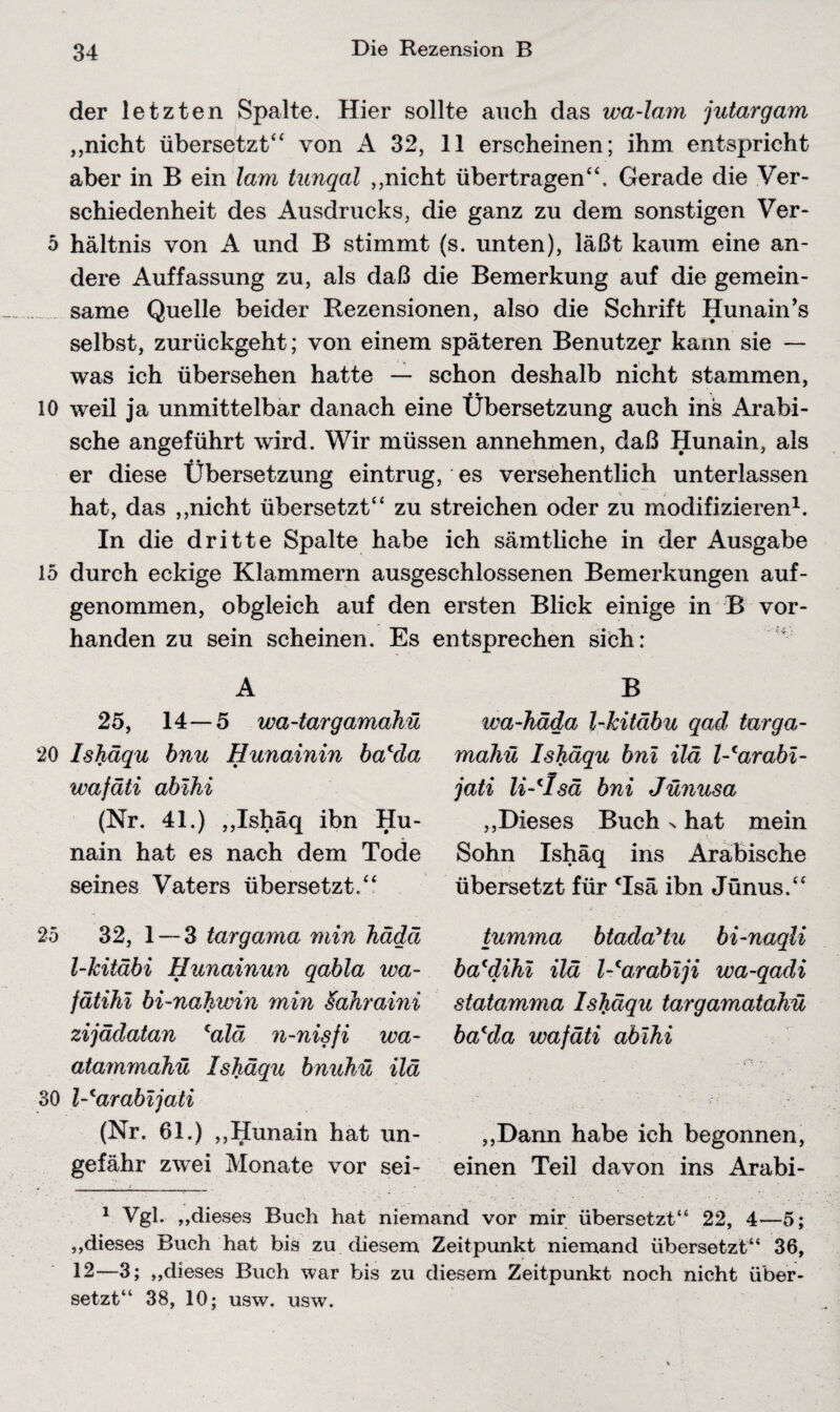 10 15 20 25 30 34 Die Rezension B der letzten Spalte. Hier sollte auch das wa-lam jutargam „nicht übersetzt“ von A 32, 11 erscheinen; ihm entspricht aber in B ein lam tunqal „nicht übertragen“. Gerade die Ver¬ schiedenheit des Ausdrucks, die ganz zu dem sonstigen Ver¬ dere Auffassung zu, als daß die Bemerkung auf die gemein¬ same Quelle beider Rezensionen, also die Schrift Hunain’s selbst, zurückgeht; von einem späteren Benutzer kann sie — was ich übersehen hatte — schon deshalb nicht stammen, weil ja unmittelbar danach eine Übersetzung auch ins Arabi¬ sche angeführt wird. Wir müssen annehmen, daß Hunain, als er diese Übersetzung eintrug, es versehentlich unterlassen hat, das „nicht übersetzt“ zu streichen oder zu modifizieren1. In die dritte Spalte habe ich sämtliche in der Ausgabe durch eckige Klammern ausgeschlossenen Bemerkungen auf¬ genommen, obgleich auf den ersten Blick einige in B vor¬ handen zu sein scheinen. Es entsprechen sich: A 25, 14—5 wa-targamahü Ishäqu bnu Hunainin ba'da wafäti abihi (Nr. 41.) „Ishäq ibn Hu¬ nain hat es nach dem Tode seines Vaters übersetzt.“ 32, 1 — 3 targama min hädä l-kitäbi Hunainun qabla wa- fätihi bi-nahwin min $ahraini zijädatan (alä n-nisfi wa- atammahü Ishäqu bnuhü ilä l-'arabijati (Nr. 61.) „Hunain hat un¬ gefähr zwei Monate vor sei- B wa-häda l-Jcitäbu qad targa- mahü Ishäqu bni ilä l-'arabi- jati li-'Isä bni Jünusa „Dieses Buch s hat mein Sohn Ishäq ins Arabische übersetzt für Tsä ibn Jünus.“ tumma btadaHu bi-naqli bacdihl ilä l-'arabiji wa-qadi statamma Ishäqu targamatahü bacda wafäti abihi „Dann habe ich begonnen, einen Teil davon ins Arabi- 1 Vgl. „dieses Buch hat niemand vor mir übersetzt“ 22, 4—5; „dieses Buch hat bis zu diesem Zeitpunkt niemand übersetzt“ 36, 12—3; „dieses Buch war bis zu diesem Zeitpunkt noch nicht über¬ setzt“ 38, 10; usw. usw.