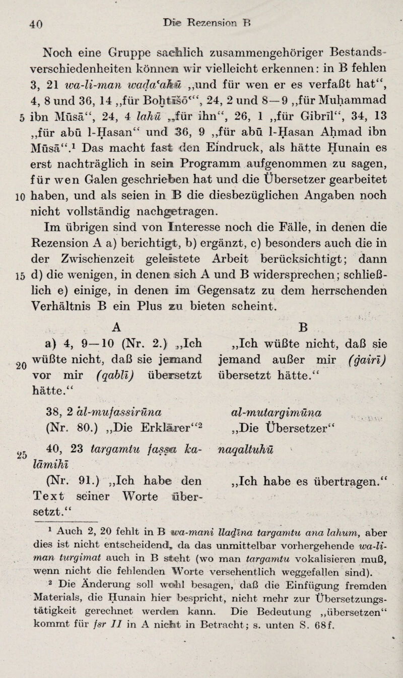 Noch eine Gruppe sachlich zusammengehöriger Bestands» Verschiedenheiten können, wir vielleicht erkennen: in B fehlen 3, 21 wa-li-man wada'akü „und für wen er es verfaßt hat“, 4, 8 und 36, 14 „für Bohtlsö*“, 24, 2 und 8—9 „für Muhammad 5 ibn Müsä“, 24, 4 lahü „für ihn“, 26, 1 „für Gibril“, 34, 13 ,,fiir abü 1-Hasan“ und 36, 9 „für abü 1-Hasan Ahmad ibn Müsä“.1 Das macht fast den Eindruck, als hätte Hunain es erst nachträglich in sein Programm auf genommen zu sagen, für wen Galen geschrieben hat und die Übersetzer gearbeitet 10 haben, und als seien in B die diesbezüglichen Angaben noch nicht vollständig nachgetragen. Im übrigen sind von Interesse noch die Fälle, in denen die Rezension A a) berichtigt, b) ergänzt, c) besonders auch die in der Zwischenzeit geleistete Arbeit berücksichtigt; dann 15 d) die wenigen, in denen sich A und B widersprechen; schließ¬ lich e) einige, in denen im Gegensatz zu dem herrschenden Verhältnis B ein Plus zu bieten scheint. B „Ich wüßte nicht, daß sie jemand außer mir (gairi) übersetzt hätte.“ al-mutargimüna „Die Übersetzer“ naqaltuhü „Ich habe es übertragen.“ 1 Auch 2, 20 fehlt in B wa-mani lladlna targamtu anci lahum, aber dies ist nicht entscheidend, da das unmittelbar vorhergehende wa-li- man turgimat auch in B steht (wo man targamtu vokalisieren muß, wenn nicht die fehlenden Worte versehentlich weggefallen sind). 2 Die Änderung soll weahl besagen, daß die Einfügung fremden Materials, die Hunain hier bespricht, nicht mehr zur Übersetzungs¬ tätigkeit gerechnet werden kann. Die Bedeutung „übersetzen“ kommt für jsr 11 in A niciat in Betracht ; s. unten S. 68f. A a) 4, 9—10 (Nr. 2.) „Ich wüßte nicht, daß sie jemand vor mir (qabli) übersetzt hätte.“ 38, 2 al-mufassirüna (Nr. 80.) „Die Erklärer“2 40, 23 targamtu fassu ha~ lämiJii (Nr. 91.) „Ich habe den Text seiner Worte über¬ setzt.“