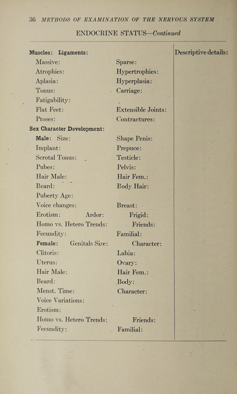 ENDOCRINE STATUS—Continued Muscles: Ligaments: Massive: Atrophies: Aplasia: Tonus: Fatigability: Flat Feet: Ptoses: Sex Character Development: Male: Size: Implant: Scrotal Tonus: Pubes: Hair Male: Beard: Puberty Age: Voice changes: Erotism: Ardor: Homo vs. Hetero Trends: Fecunditv: Female: Genitals Size: Clitoris: Uterus: Hair Male: Beard: Menst. Time: Voice Variations: Erotism: Homo vs. Hetero Trends: Fecundity: Sparse: Hypertrophies: Hyperplasia: Carriage: Descriptive details Extensible Joints: Contractures: Shape Penis: Prepuce: Testicle: Pelvis: Hair Fern.: Body Hair: Breast: Frigid: Friends: Familial: Character: Labia: Ovary: Hair Fern.: Body: Character: Friends: Familial: \