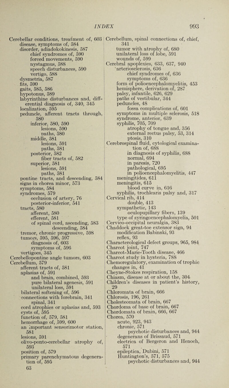 Cerebellar conditions, treatment of, 603 disease, symptoms of, 584 disorder, adiadokokinesis, 587 chief syndromes of, 590 forced movements, 590 nystagmus, 588 speech disturbances, 590 vertigo, 588 dysmetria, 587 fits, 590 gaits, 585, 586 hypotonus, 589 labyrinthine disturbances and, diff¬ erential diagnosis of, 340, 345 localization, 595 peduncle, afferent tracts through, 580 inferior, 580, 590 lesions, 590 oaths, 580 middle, 581 lesions, 591 paths, 581 posterior, 582 fiber tracts of, 582 superior, 581 lesions, 591 paths, 581 pontine tracts, and descending, 584 signs in chorea minor, 573 symptoms, 584 syndromes, 579 occlusion of artery, 76 posterior-inferior, 541 tracts, 580 afferent, 580 efferent, 581 of spinal cord, ascending, 583 descending, 584 tremor, chronic progressive, 598 tumors, 595, 596, 597 diagnosis of, 603 symptoms of, 596 vertigoes, 345 Cerebellopontine angle tumors, 603 Cerebellum, 579 afferent tracts of, 581 aplasias of, 591 and brain, combined, 593 pure bilateral agenesis, 591 unilateral loss, 591 bilateral softening of, 596 connections with forebrain, 341 spinal, 341 cord atrophies or aplasias and, 593 cysts of, 595 function of, 579, 581 hemorrhage of, 599, 600 an important sensorimotor station, 581 lesions, 591 olivo-ponto-cerebellar atrophy of, 593 position of, 579 primary parenchymatous degenera¬ tion of, 595 63 Cerebellum, spinal connections of, chief, 341 tumor with atrophy of, 680 unilateral loss of lobe, 591 wounds of, 599 Cerebral apoplexies, 633, 637, 940 'arteriosclerosis, 636 chief syndromes of, 636 symptoms of, 636 form of polioencephalomyelitis, 453 hemisphere, derivation of, 287 palsy, infantile, 626, 629 paths of vestibular, 344 peduncles, 48 fossa complications of, 601 symptoms in multiple sclerosis, 518 syndrome, anterior, 639 syphilis, 705, 709 atrophy of tongue and, 356 external rectus palsy, 53, 314 ptosis, 310 Cerebrospinal fluid, cytological examina¬ tion of, 688 in diagnosis of syphilis, 688 normal, 694 in paresis, 720 pathological, 695 in polioencephalomyelitis, 447 meningitides, 611 meningitis, 615 blood curve in, 616 syphilis, trochlearis palsy and, 317 Cervical rib, 414 double, 413 sympathetic, 143 oculopupillary fibers, 139 type of syringoencephalomyelia, 501 Cervico-occipital neuralgia, 383 Chaddock great-toe extensor sign, 94 modification Babinski, 93 reflex, 93 Characterological defect groups, 965, 984 Charcot joint, 747 Charcot-Marie-Tooth disease, 466 Charcot study in hysteria, 788 Chemoregulatory, examination of trophic changes in, 41 Cheyne-Stokes respiration, 158 Chiasm, disease at or about the, 304 Children’s diseases in patient’s history, 29 Chloromata of brain, 666 Chlorosis, 196, 261 Cholesteomata of brain, 667 Chordoma of base of brain, 667 Chordomata of brain, 666, 667 Chorea, 570 acute, 923, 943 chronic, 571 psychotic disturbances and, 944 degenerans of Brissaud, 571 electrica of Bergeron and Henoch, 571 epileptica, Dubini, 571 Huntington’s, 571, 575 psychotic disturbances and, 944