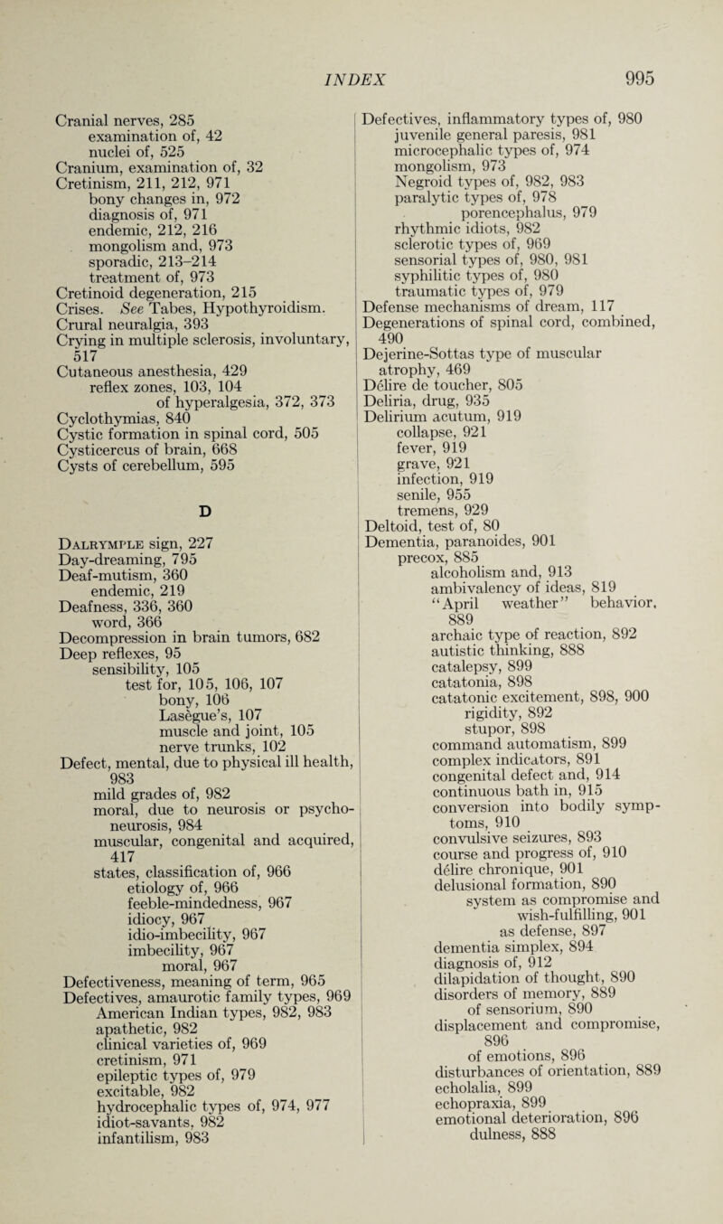 Cranial nerves, 285 examination of, 42 nuclei of, 525 Cranium, examination of, 32 Cretinism, 211, 212, 971 bony changes in, 972 diagnosis of, 971 endemic, 212, 216 mongolism and, 973 sporadic, 213-214 treatment of, 973 Cretinoid degeneration, 215 Crises. See Tabes, Hypothyroidism. Crural neuralgia, 393 Crying in multiple sclerosis, involuntary, 51.7 Cutaneous anesthesia, 429 reflex zones, 103, 104 of hyperalgesia, 372, 373 Cyclothymias, 840 Cystic formation in spinal cord, 505 Cysticercus of brain, 668 Cysts of cerebellum, 595 D Dalrymple sign, 227 Day-dreaming, 795 Deaf-mutism, 360 endemic, 219 Deafness, 336, 360 word, 366 Decompression in brain tumors, 682 Deep reflexes, 95 sensibility, 105 test for, 105, 106, 107 bony, 106 Lasegue’s, 107 muscle and joint, 105 nerve trunks, 102 Defect, mental, due to physical ill health, 983 mild grades of, 982 moral, due to neurosis or psycho¬ neurosis, 984 muscular, congenital and acquired, 417 states, classification of, 966 etiology of, 966 feeble-mindedness, 967 idiocy, 967 idio-imbecility, 967 imbecility, 967 moral, 967 Defectiveness, meaning of term, 965 Defectives, amaurotic family types, 969 American Indian types, 982, 983 apathetic, 982 clinical varieties of, 969 cretinism, 971 epileptic types of, 979 excitable, 982 hydrocephalic types of, 974, 977 idiot-savants, 982 infantilism, 983 Defectives, inflammatory types of, 980 juvenile general paresis, 981 microcephalic types of, 974 mongolism, 973 Negroid types of, 982, 983 paralytic types of, 978 porencephalus, 979 rhythmic idiots, 982 sclerotic types of, 969 sensorial types of, 980, 981 syphilitic types of, 980 traumatic types of, 979 Defense mechanisms of dream, 117 Degenerations of spinal cord, combined, 490 Dejerine-Sottas type of muscular atrophy, 469 Delire de toucher, 805 Deliria, drug, 935 Delirium acutum, 919 collapse, 921 fever, 919 grave, 921 infection, 919 senile, 955 tremens, 929 Deltoid, test of, 80 Dementia, paranoides, 901 precox, 885 alcoholism and, 913 ambivalency of ideas, 819 ‘ ‘ April weather ’ ’ behavior. 889 archaic type of reaction, 892 autistic thinking, 888 catalepsy, 899 catatonia, 898 catatonic excitement, 898, 900 rigidity, 892 stupor, 898 command automatism, 899 complex indicators, 891 congenital defect and, 914 continuous bath in, 915 conversion into bodily symp¬ toms, 910 convulsive seizures, 893 course and progress of, 910 delire chronique, 901 delusional formation, 890 system as compromise and wish-fulfilling, 901 as defense, 897 dementia simplex, 894 diagnosis of, 912 dilapidation of thought, 890 disorders of memory, 889 of sensorium, 890 displacement and compromise, 896 of emotions, 896 disturbances of orientation, 889 echolalia, 899 echopraxia, 899 emotional deterioration, 896 dulness, 888