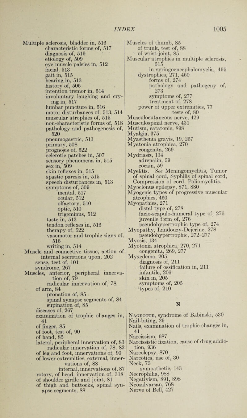 Multiple sclerosis, bladder in, 516 characteristic forms of, 517 diagnosis of, 519 etiology of, 509 eye muscle palsies in, 512 facial, 513 gait in, 515 hearing in, 513 history of, 506 intention tremor in, 514 involuntary laughing and cry¬ ing in, 517 lumbar puncture in, 516 motor disturbances of, 513, 514 muscular atrophies of, 515 non-characteristic forms of, 518 pathology and pathogenesis of, 520 pneumogastric, 513 primary, 508 prognosis of, 522 sclerotic patches in, 507 sensory phenomena in, 515 sex in, 509 skin reflexes in, 515 spastic paresis in, 515 speech disturbances in, 513 symptoms of, 509 mental, 517 ocular, 512 olfactory, 510 optic, 510 trigeminus, 512 taste in, 513 tendon reflexes in, 516 therapy of, 522 vasomotor and trophic signs of, 516 writing in, 514 Muscle and connective tissue, action of internal secretions upon, 202 sense, test of, 101 syndrome, 267 Muscles, anterior, peripheral innerva¬ tion of, 79 radicular innervation of, 78 of arm, 84 pronation of, 85 spinal synapse segments of, 84 supination of, 85 diseases of, 267 examination of trophic changes in, 41 of finger, 85 of foot, test of, 90 of hand, 85 lateral, peripheral innervation of, 83 radicular innervation of, 78, 82 of leg and foot, innervations of, 90 of lower extremities, external, inner¬ vations of, 88 internal, innervations of, 87 rotary, of head, innervation of, 318 of shoulder girdle and joint, 81 of thigh and buttocks, spinal syn¬ apse segments, 88 Muscles of thumb, 85 of trunk, test of, 88 of wrist-joint, 85 Muscular atrophies in multiple sclerosis, 515 in syringoencephalomyelia, 495 dystrophies, 271, 460 forms of, 274 pathology and pathogeny of, 273 symptoms of, 277 treatment of, 278 power of upper extremities, 77 tests of, 80 Musculocutaneous nerve, 429 Musculospinal nerve, 431 Mutism, catatonic, 898 Myalgia, 375 Myasthenia gravis, 19, 267 Myatonia atrophica, 270 congenita, 269 Mydriasis, 134 adrenalin, 59 cocain, 59 Myelitis. See Meningomyelitis, Tumor of spinal cord, Syphilis of spinal cord, Compression of cord, Poliomyelitis. Myoclonus epilepsy, 871, 880 Myogenic types of progressive muscular atrophies, 460 Myopathies, 271 distal type of, 278 facio-scapulo-humeral type of, 276 juvenile form of, 276 pseudohypertrophic type of, 274 Myopathy, Landouzy-Dejerine, 278 pseudohypertrophic, 272-277 Myosis, 134 Myotonia atrophica, 270, 271 congenita, 269, 277 Myxedema, 205 diagnosis of, 211 • failure of ossification in, 211 infantile, 206 skin in, 205 symptoms of, 205 types of, 210 N Nageotte, syndrome of Babinski, 530 Nail-biting, 29 Nails, examination of trophic changes in, 41 Narcissism, 987 Narcissistic fixation, cause of drug addic¬ tion, 936 Narcolepsy, 870 Narcotics, use of, 30 Neck, 75 sympathetic, 143 Necrophilia, 988 Negativism, 891, 898 Neosalvarsan, 768 Nerve of Bell, 427