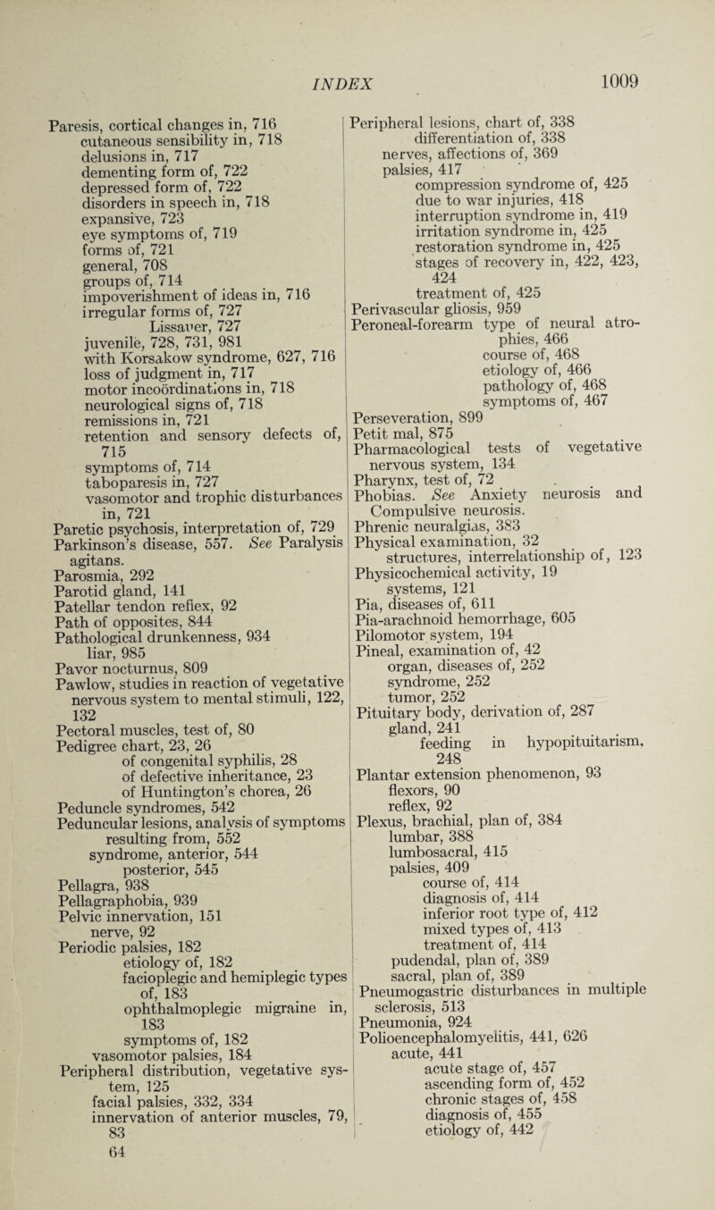 Paresis, cortical changes in, 716 cutaneous sensibility in, 718 delusions in, 717 dementing form of, 722 depressed form of, 722 disorders in speech in, 718 expansive, 723 eye symptoms of, 719 forms of, 721 general, 708 groups of, 714 impoverishment of ideas in, 716 irregular forms of, 727 Lissauer, 727 juvenile, 728, 731, 981 with Korsakow syndrome, 627, 716 loss of judgment in, 717 motor incoordinations in, 718 neurological signs of, 718 remissions in, 721 retention and sensory defects of, 715 symptoms of, 714 taboparesis in, 727 vasomotor and trophic disturbances in, 721 Paretic psychosis, interpretation of, 729 Parkinson’s disease, 557. See Paralysis agitans. Parosmia, 292 Parotid gland, 141 Patellar tendon reflex, 92 Path of opposites, 844 Pathological drunkenness, 934 liar, 985 Pavor nocturnus, 809 Pawlow, studies in reaction of vegetative nervous system to mental stimuli, 122, 132 Pectoral muscles, test of, 80 Pedigree chart, 23, 26 of congenital syphilis, 28 of defective inheritance, 23 of Huntington’s chorea, 26 Peduncle syndromes, 542 Peduncular lesions, analysis of symptoms resulting from, 552 syndrome, anterior, 544 posterior, 545 Pellagra, 938 Pellagraphobia, 939 Pelvic innervation, 151 nerve, 92 Periodic palsies, 182 etiology of, 182 facioplegic and hemiplegic types of, 183 ophthalmoplegic migraine in, 183 symptoms of, 182 vasomotor palsies, 184 Peripheral distribution, vegetative sys¬ tem, 125 facial palsies, 332, 334 innervation of anterior muscles, 79, 83 64 Peripheral lesions, chart of, 338 differentiation of, 338 nerves, affections of, 369 palsies, 417 compression syndrome of, 425 due to war injuries, 418 interruption syndrome in, 419 irritation syndrome in, 425 restoration syndrome in, 425 stages of recovery in, 422, 423, 424 treatment of, 425 Perivascular gliosis, 959 Peroneal-forearm type of neural atro¬ phies, 466 course of, 468 etiology of, 466 pathology of, 468 symptoms of, 467 Perseveration, 899 Petit mal, 875 Pharmacological tests of vegetative nervous system, 134 Pharynx, test of, 72 Phobias. See Anxiety neurosis and Compulsive neurosis. Phrenic neuralgias, 383 Physical examination, 32 structures, interrelationship of, 123 Physicochemical activity, 19 systems, 121 Pia, diseases of, 611 Pia-arachnoid hemorrhage, 605 Pilomotor system, 194 Pineal, examination of, 42 organ, diseases of, 252 syndrome, 252 tumor, 252 Pituitary body, derivation of, 287 gland, 241 feeding in hypopituitarism, 248 Plantar extension phenomenon, 93 flexors, 90 reflex, 92 Plexus, brachial, plan of, 384 lumbar, 388 lumbosacral, 415 palsies, 409 course of, 414 diagnosis of, 414 inferior root type of, 412 mixed types of, 413 treatment of, 414 pudendal, plan of, 389 sacral, plan of, 389 Pneumogastric disturbances in multiple sclerosis, 513 Pneumonia, 924 Polioencephalomyeiitis, 441, 626 acute, 441 acute stage of, 457 ascending form of, 452 chronic stages of, 458 diagnosis of, 455 etiology of, 442