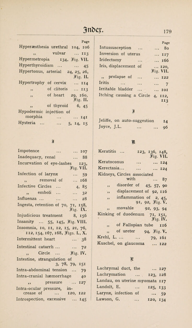 Page Page Hyperaesthesia urethral 104, 106 Intussusception ... ... 80 ,, vulvar ... 113 Inversion of uterus ... 117 Hypermetropia 134, jftg. VII. Iridectomy ... ... 166 Hyperthyroidism ... ... 45 Iris, displacement of ... 120, 3%. VII. Hypertonus, arterial 24, 25, 26, 3fig. II. „ prolapse of ... ... 122 Hypertrophy of cervix ... 114 Intis . 7 ,, of clitoris ... 113 Irritable bladder ... ... joi ,, of heart 29, 160, Itching causing a Circle 4, 112, *' ’ 3fuj. II. 113 ,, of thyroid 6, 45 ♦ Hypodermic injection of morphia ... ... 141 1 Hysteria ... ... 5, 14, 15 Jeliffe, on auto-suggestion 14 Joyce, J.L. ... ... 96 » f Impotence ... ... 107 Keratitis ... 123, 136, 148, Inadequacy, renal ... 88 | 3Ftg. VII. Incurvation of eye-lashes 123, Keratoconus ... ... 124 3%. VII. Kerectasia... ... ... 124 Infection of larynx ... 59 Kidneys, Circles associated ,, removal of ... 168 with ... 87 Infective Circles ... 4, 85 „ disorder of 45, 57, 90 ,, emboli ... ... 32 ,, displacement of 92, 116 Influenza ... ... ... 28 Ingesta, retention of 70, 71, 158, 3ft0. IX. Injudicious treatment 8, 156 Insanity ... 55, 145, 3fi0. VIII. Insomnia, 10, 11, 12, 15, 21, 76, 112, 154, 167, 168, Jigs. I., X. Intermittent heart ... 38 Intestinal catarrh ... ... 72 ,, Circle ... jfig. IV. Intestine, strangulation of 3, 78, 79, 151 Intra-abdominal tension ... 79 Intra-cranial haemorrhage 40 ,, pressure ... 127 Intra-ocular pressure, in¬ crease of ... 120, 122 Introspection, excessive ... 145 ,, inflammation of 2, 45, 91, 92, 3%. V. „ movable 92, 93, 94 Kinking of duodenum 71, 151, 3%. IV. ,, of Fallopian tube 116 ,, of ureter 94, 3fig. V. Krehl, L. ... ... 79, 161 Kuschel, on glaucoma ... 122 Lachrymal duct, the ... 127 Lachrymation ... 123, 128 Landau, on uterine myomata 117 Landolt, E. ... 125, 133 Larynx, infection of ... 59 Lawson, G. ... 120, 134