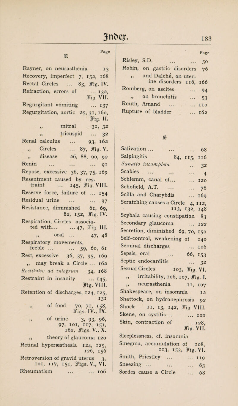 ft Page Rayner, on neurasthenia ... 13 Recovery, imperfect 7, 152, 168 Rectal Circles ... 83, 3frg. IV. Refraction, errors of ... 132, 3ftg. VII. Regurgitant vomiting ... 137 Regurgitation, aortic 25, 31, 160, 3fig. II. „ mitral 31, 32 ,, tricuspid ... 32 Renal calculus ... 93, 162 ,, Circles ... 87, 3%. V. ,, disease 26, 88, 90, 92 Renin ... ... ... 91 Repose, excessive 36, 37, 75, 169 Resentment caused by res¬ traint ... 145, 3fig. VIII. Reserve force, failure of ... 154 Residual urine ... ... 97 Resistance, diminished 61, 69, 82, 152, 3fig. IV. Respiration, Circles associa¬ ted with.47, 3ftg. III. „ oral ... 47, 48 Respiratory movements, feeble ... ... 59, 60, 61 Rest, excessive 36, 37, 95, 169 ,, may break a Circle ... 162 Restitutio ad integrum 34, 168 Restraint in insanity ... 14^, 3ftg. VIII. Retention of discharges, 124, 125, 13i ,, of food 70, 71, 158, 3ftgs. IV., IX. „ of urine 3, 93, 96, 97, 101, 117, 151, 162, 3figs. V., X. ,, theory of glaucoma 120 Retinal hyperaesthesia 124, 125, 126, 156 Retroversion of gravid uterus 3, 101, 117, 151, 3figs. V., VI. Rheumatism ... ... 106 Page Risley, S.D. ... ... 50 Robin, on gastric disorders 76 ,, and Dalche, on uter¬ ine disorders 116, 166 Romberg, on ascites ... 94 „ on bronchitis ... 53 Routh, Amand ... ... no Rupture of bladder ... 162 & Salivation ... ... ... 68 Salpingitis 84, 115, 116 Sanatio incompleta ... 32 Scabies ... ... ... 4 Schlemm, canal of... ... 120 Schofield, A.T. ... ... 76 Scilla and Charybdis ... 169 Scratching causes a Circle 4, 112, 113, 132, 148 Scybala causing constipation 83 Secondary glaucoma ... 122 Secretion, diminished 69, 70, 150 Self-control, weakening of 140 Seminal discharges ... 106 Sepsis, oral ... 66, 153 Septic endocarditis . ... 32 Sexual Circles 103, 3Fia. VI. irritability, 106, 107, 3fig. I. neurasthenia 11, 107 Shakespeare, on insomnia 12 Shattock, on hydronephrosis 92 Shock 11, 13, 142, 3Fig. VIII. Skene, on cystitis... ... 100 Skin, contraction of ... 128, 3fig. VIL Sleeplessness, cf. insomnia Smegma, accumulation of 108, ii3, 153, 3Fig. VI. Smith, Priestley ... ... up Sneezing ... ... ... 63 Sordes cause a Circle ... 68 } 9 y>