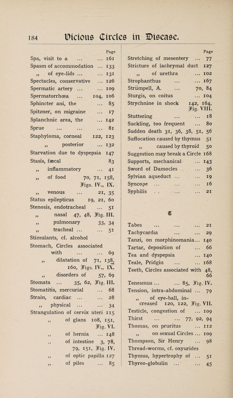 Page 161 Spa, visit to a Spasm of accommodation ,, of eye-lids ... Spectacles, conservative Spermatic artery ... Spermatorrhoea Sphincter ani, the Spitzner, on migraine Splanchnic area, the Sprue Staphyloma, corneal ,, posterior Starvation due to dyspepsia Stasis, faecal inflammatory of food 70, 71, 158, Jigs. IV., IX. }} yy 133 131 126 109 104, 106 85 17 142 81 123 132 147 83 41 122, ,, venous ... 21, 35 Status epilepticus 19, 21, 60 Stenosis, endotracheal ... 51 „ nasal 47, 48, fig. III. „ pulmonary 33, 34 ,, tracheal ... ... 51 Stimulants, cf. alcohol Stomach, Circles associated with ... ... 69 „ dilatation of 71, 138, 160, figs. IV., \\. ,, disorders of 57, 69 Stomata ... 35, 62, 3fig. III. Stomatitis, mercurial ... 68 Strain, cardiac ... ... 28 ,, physical ... ... 34 Strangulation of cervix uteri 115 ,, of glans 108, 151, fig. VI. ,, of hernia ... 148 ,, of intestine 3, 78, 79, 15i, 3fig. IV. ,, of optic papilla 127 ,, of piles ... 85 Page Stretching of mesentery 77 Stricture of lachrymal duct 127 ,, of urethra • • • 102 Strophanthus • • 0 167 Striimpell, A. 70 , 84 Sturgis, on coitus ... 104 Strychnine in shock 142, 164, fig. VIII. Stuttering ... 18 Suckling, too frequent ... 80 Sudden death 31, 36, 38, 51 56 Suffocation caused by thymus 5i ,, caused by thyroid 50 Suggestion may break a Circle 168 Supports, mechanical ... M3 Sword of Damocles • *• 36 Sylvian aqueduct ... ... 19 Syncope ... 16 Syphilis ... 21 Tabes ... ... ... 21 Tachycardia ... ... 29 Tanzi, on morphinomania... 140 Tartar, deposition of ... 66 Tea and dyspepsia ... 140 Teale, Pridgin ... ... 168 Teeth, Circles associated with 48, 66 Tenesmus ... ... 85, 3fig. IV. Tension, intra-abdominal ... 79 ,, of eye-ball, in¬ creased 120, 122, 3fig. VII. Testicle, congestion of ... 109 Thirst ... ... 77, 92, 94 Thomas, on pruritus ... 112 ,, on sexual Circles ... 109 Thompson, Sir Henry ... 98 Thread-worms, cf. oxyurides Thymus, hypertrophy of ... 51 Thyreo-globulin ... ... 45