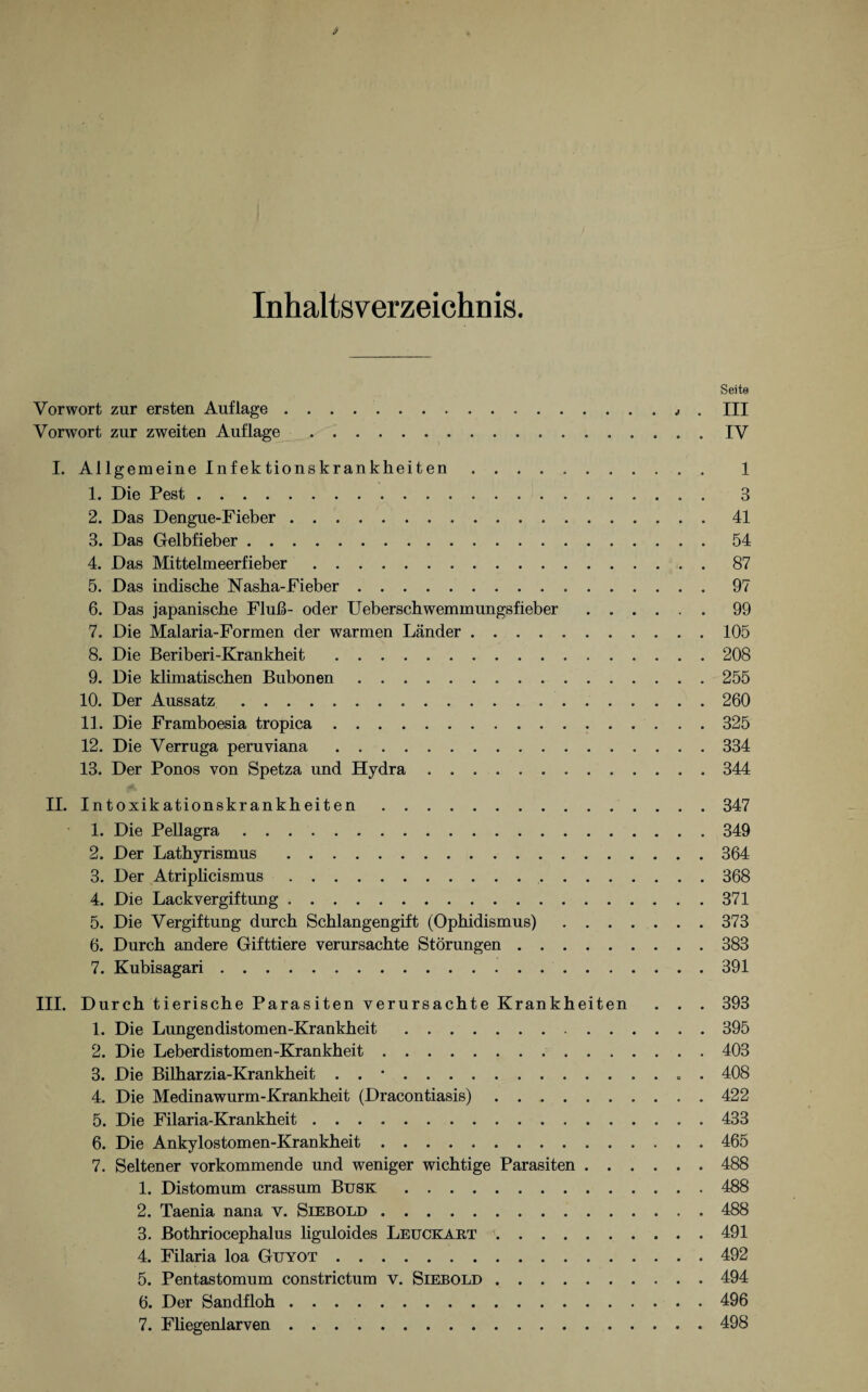 Inhaltsverzeichnis. Seite Vorwort zur ersten Auflage . . . ... . III Vorwort zur zweiten Auflage ..IV I. Allgemeine Infektionskrankheiten. 1 1. Die Pest. 3 2. Das Dengue-Fieber.41 3. Das Gelbfieber.54 4. Das Mittelmeerfieber.87 5. Das indische Nasha-Fieber.97 6. Das japanische Fluß- oder Ueberschwemmungsfieber.99 7. Die Malaria-Formen der warmen Länder.105 8. Die Beriberi-Krankheit .208 9. Die klimatischen Bubonen.255 10. Der Aussatz.260 11. Die Framboesia tropica.325 12. Die Verruga peruviana.334 13. Der Ponos von Spetza und Hydra.344 II. Intoxikationskrankbeiten.347 1. Die Pellagra.349 2. Der Lathyrismus .364 3. Der Atriplicismus. 368 4. Die Lackvergiftung.371 5. Die Vergiftung durch Schlangengift (Ophidismus).373 6. Durch andere Gifttiere verursachte Störungen.383 7. Kubisagari.391 III. Durch tierische Parasiten verursachte Krankheiten . . . 393 1. Die Lungendistomen-Krankheit.395 2. Die Leberdistomen-Krankheit.403 3. Die Bilharzia-Krankheit . . *.„ . 408 4. Die Medinawurm-Krankheit (Dracontiasis) . ..422 5. Die Filaria-Krankheit.433 6. Die Ankylostomen-Krankheit.465 7. Seltener vorkommende und weniger wichtige Parasiten.488 1. Distomum crassum Busk.488 2. Taenia nana v. Siebold.488 3. Bothriocephalus liguloides Leuckart.491 4. Filaria loa Guyot.492 5. Pentastomum constrictum v. Siebold.494 6. Der Sandfloh. 496