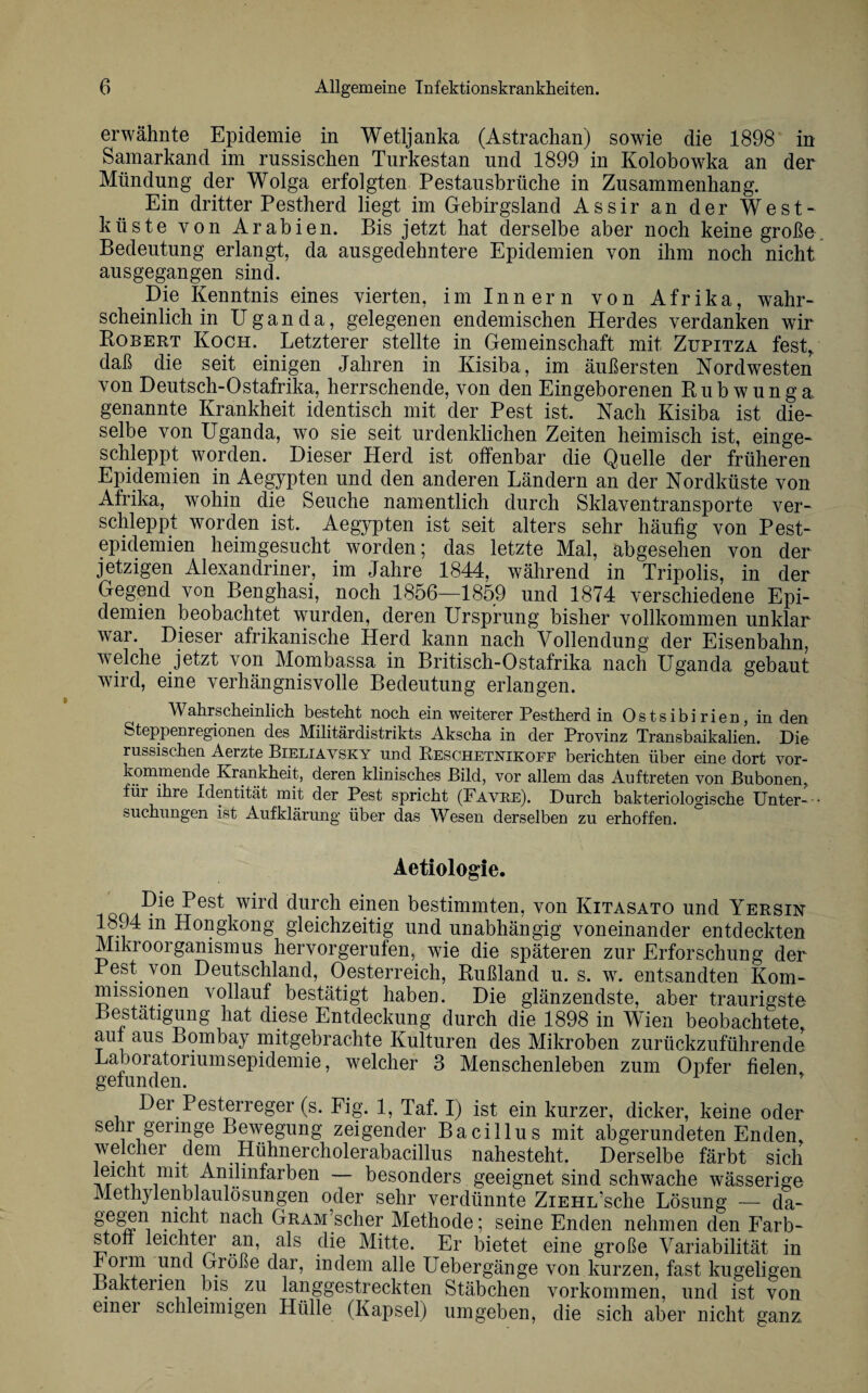 erwähnte Epidemie in Wetljanka (Astrachan) sowie die 1898 in Samarkand im russischen Turkestan und 1899 in Kolobowka an der Mündung der Wolga erfolgten Pestausbrüche in Zusammenhang. Ein dritter Pestherd liegt im Gebirgsland Assir an der West¬ küste von Arabien. Bis jetzt hat derselbe aber noch keine große Bedeutung erlangt, da ausgedehntere Epidemien von ihm noch nicht ausgegangen sind. Die Kenntnis eines vierten, im Innern von Afrika, wahr¬ scheinlich in Uganda, gelegenen endemischen Herdes verdanken wir Robert Koch. Letzterer stellte in Gemeinschaft mit Zupitza fest, daß die seit einigen Jahren in Kisiba, im äußersten Nordwesten von Deutsch-Ostafrika, herrschende, von den Eingeborenen Rub wunga genannte Krankheit identisch mit der Pest ist. Nach Kisiba ist die¬ selbe von Uganda, wo sie seit urdenklichen Zeiten heimisch ist, einge¬ schleppt worden. Dieser Plerd ist offenbar die Quelle der früheren Epidemien in Aegypten und den anderen Ländern an der Nordküste von Afrika, wohin die Seuche namentlich durch Sklaventransporte ver¬ schleppt worden ist. Aegypten ist seit alters sehr häufig von Pest¬ epidemien heimgesucht worden; das letzte Mal, abgesehen von der jetzigen Alexandriner, im Jahre 1844, während in Tripolis, in der Gegend von Benghasi, noch 1856—1859 und 1874 verschiedene Epi¬ demien beobachtet wurden, deren Ursprung bisher vollkommen unklar war. Dieser afrikanische Herd kann nach Vollendung der Eisenbahn, welche jetzt von Mombassa in Britisch-Ostafrika nach Uganda gebaut wird, eine verhängnisvolle Bedeutung erlangen. Wahrscheinlich besteht noch ein weiterer Pestherd in Ostsibirien, in den Steppenregionen des Militärdistrikts Akscha in der Provinz Transbaikalien. Die russischen Aerzte Bieliavsky und Reschetjvikoff berichten über eine dort vor¬ kommende Krankheit, deren klinisches Bild, vor allem das Auftreten von Bubonen, für ihre Identität mit der Pest spricht (Favre). Durch bakteriologische Unter¬ suchungen ist Aufklärung über das Wesen derselben zu erhoffen. Aetiologie. durch einen bestimmten, von Kitasato und Yersin m Hongkong gleichzeitig und unabhängig voneinander entdeckten Mikroorganismus hervorgerufen, wie die späteren zur Erforschung der Pest von Deutschland, Oesterreich, Rußland u. s. w. entsandten Kom¬ missionen vollauf bestätigt haben. Die glänzendste, aber traurigste Bestätigung hat diese Entdeckung durch die 1898 in Wien beobachtete aut aus Bombay mitgebrachte Kulturen des Mikroben zurückzuführende Laboratoriumsepidemie, welcher 3 Menschenleben zum Opfer fielen gefunden. Der Pesterreger (s. Fig. 1, Taf. I) ist ein kurzer, dicker, keine oder sehr geringe Bewegung zeigender Bacillus mit abgerundeten Enden, welcher dem Hühnercholerabacillus nahesteht. Derselbe färbt sich leicht mit Anilinfarben — besonders geeignet sind schwache wässerige Methylenblaulösungen oder sehr verdünnte ZiEHL’sche Lösung — da- gegen nicht nach GRAM’scher Methode; seine Enden nehmen den Farb¬ stoff leichter an, als die Mitte. Er bietet eine große Variabilität in r oiin und Größe dar, indem alle Uebergänge von kurzen, fast kugeligen Baktenen bis zu langgestreckten Stäbchen Vorkommen, und ist von emer schleimigen Hülle (Kapsel) umgeben, die sich aber nicht ganz