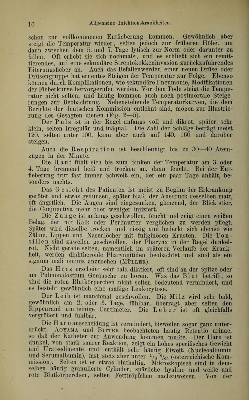 schon zur vollkommenen Entfieberung kommen. Gewöhnlich aber steigt die Temperatur wieder, selten jedoch zur früheren Höhe, um dann zwischen dem 5. und 7. Tage lytisch zur Norm oder darunter zu fallen. Oft erhebt sie sich nochmals, und es schließt sich ein remit¬ tierendes, auf eine sekundäre Streptokokkeninvasion zurückzuführendes Eiterungsfieber an. Auch das Befallenwerden einer neuen Drüse oder Drüsen gruppe hat erneutes Steigen der Temperatur zur Folge. Ebenso können durch Komplikationen, wie sekundäre Pneumonie, Modifikationen der Fieberkurve hervorgerufen werden. Vor dem Tode steigt die Tempe¬ ratur nicht selten, und häufig kommen auch noch postmortale Steige¬ rungen zur Beobachtung. Nebenstehende Temperaturkurven, die dem Berichte der deutschen Kommission entlehnt sind, mögen zur Illustrie¬ rung des Gesagten dienen (Fig. 2—5). Der Puls ist in der Pegel anfangs voll und dikrot, später sehr klein, selten irregulär und inäqual. Die Zahl der Schläge beträgt meist 120, selten unter 100, kann aber auch auf 140, 160 und darüber steigen. Auch die Respiration ist beschleunigt bis zu 30—40 Atem¬ zügen in der Minute. Die Haut fühlt sich bis zum Sinken der Temperatur am 3. oder 4. Tage brennend heiß und trocken an, dann feucht. Bei der Ent¬ fieberung tritt fast immer Schweiß ein, der ein paar Tage anhält, be¬ sonders nachts. Das Gesicht des Patienten ist meist zu Beginn der Erkrankung gerötet und etwas gedunsen, später blaß, der Ausdruck desselben matt, oft ängstlich. Die Augen sind eingesunken, glänzend, der Blick stier, die Conjunctiva mehr oder weniger injiziert. Die Zunge ist anfangs geschwollen, feucht und zeigt einen weißen Belag, der mit Kalk oder Perlmutter verglichen zu werden pflegt. Später wird dieselbe trocken und rissig und bedeckt sich ebenso wie Zähne, Lippen und Nasenlöcher mit fuliginösen Krusten. Die Ton¬ sillen sind zuweilen geschwollen, der Pharynx in der Regel dunkel¬ rot. Nicht gerade selten, namentlich im späteren Verlaufe der Krank¬ heit, werden diphtheroide Pharyngitiden beobachtet und sind als ein signurn mali ominis anzusehen (Müller). Das Herz erscheint sehr bald dilatiert, oft sind an der Spitze oder am Pulmonalostium Geräusche zu hören. Was das Blut betrifft, so sind die roten Blutkörperchen nicht selten bedeutend vermindert, und es besteht gewöhnlich eine mäßige Leukocytose. Der Leib ist manchmal geschwollen. Die Milz wird sehr bald, gewöhnlich am 2. oder 3. Tage, fühlbar, überragt aber selten den Rippenrand um feinige Centimeter. Die Leber ist oft gleichfalls vergrößert und fühlbar. Die Harnausscheidung ist vermindert, bisweilen sogar ganz unter¬ drückt. Aoyama und Bitter beobachteten häufig Retentio urinae, so daß der Katheter zur Anwendung kommen mußte. Der Harn ist dunkel, von stark saurer Reaktion, zeigt ein hohes specifisches Gewicht und Uratsedimente und enthält sehr häufig Eiweiß (Nucleoalbumin und Serumalbumin), fast stets aber unter 1)2 %0 (österreichische Kom¬ mission). Selten ist er etwas bluthaltig. Mikroskopisch sind in dem¬ selben häufig granulierte Cylinder, spärliche hyaline und weiße und rote Blutkörperchen, selten Fetttröpfchen nachzuweisen. Von der