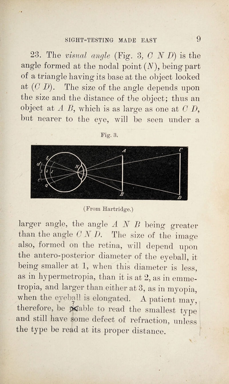 23. The visual angle (Fig. 3, G N D) is the angle formed at the nodal point {N), being'part of a triangle having its base at the object looked at (G D). The size of the angle depends npon the size and the distance of the object; thus an object at J B, which is as large as one at G D, but nearer to the eje, will be seen under a Fig'. 3. (From Hartridge.) larger angle, tlae angle A N B beinsr a-reater than the angle G jY 77. Tlie size of tlie iniao-e also, formed on the retina, will depend upon the antero-posterior diameter of the eyeball, it being smaller at 1, when this diameter is less, as in hypermetropia, than it is at 2, as in emnie- tropia, and larger than either at 3, as in myopia, when the eyeliall is elongated. A patient may, therefore, be pkfable to read the smallest type and still have some defect of refraction, unless the type be read at its proper distance.