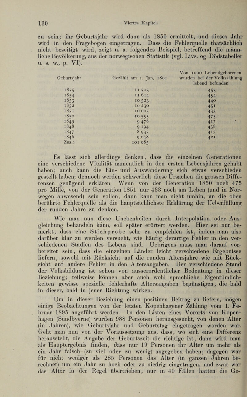 zu sein; ihr Geburtsjahr wird dann als 1850 ermittelt, und dieses Jahr wird in den Fragebogen eingetragen. Dass die Fehlerquelle thatsächlich nicht beseitigt wird, zeigt u. a. folgendes Beispiel, betreffend die männ¬ liche Bevölkerung, aus der norwegischen Statistik (vgl. Livs. og Dödstabeller p. VI). Von 1000 Lebendgeborenen Geburtsjahr Gezählt am 1. Jan. 1891 wurden bei der Volkszählung lebend befunden 1855 11 503 455 1854 11 614 454 1853 10 523 440 1852 10 230 45i 1851 10 005 433 1850 10555 475 1849 9 478 4i7 1848 9 194 438 1847 8 935 4i7 1846 9 048 421 Zus.: 101 085 Es lässt sich allerdings denken, dass die einzelnen Generationen eine verschiedene Vitalität namentlich in den ersten Lebensjahren gehabt haben; auch kann die Ein- und Auswanderung sich etwas verschieden gestellt haben; dennoch werden schwerlich diese Ursachen die grossen Diffe¬ renzen genügend erklären. Wenn von der Generation 1850 noch 475 pro Mille, von der Generation 1851 nur 433 noch am Leben (und in Nor¬ wegen anwesend) sein sollen, dann kann man nicht umhin, an die oben berührte Fehlerquelle als die hauptsächlichste Erklärung der Ueberfüllung der runden Jahre zu denken. Wie man nun diese Unebenheiten durch Interpolation oder Aus¬ gleichung behandeln kann, soll später erörtert werden. Hier sei nur be¬ merkt, dass eine Stichprobe sehr zu empfehlen ist, indem man also darüber klar zu werden versucht, wie häufig derartige Fehler in den ver¬ schiedenen Stadien des Lebens sind. Uebrigens muss man darauf vor¬ bereitet sein, dass die einzelnen Länder leicht verschiedene Ergebnisse liefern, sowohl mit Rücksicht auf die runden Altersjahre wie mit Rück¬ sicht auf andere Fehler in den Altersangaben. Der verschiedene Stand der Volksbildung ist schon von ausserordentlicher Bedeutung in dieser Beziehung; teilweise können aber auch wohl sprachliche Eigentümlich¬ keiten gewisse spezielle fehlerhafte Altersangaben begünstigen, die bald in dieser, bald in jener Richtung wirken. Um in dieser Beziehung einen positiven Beitrag zu liefern, mögen einige Beobachtungen von der letzten Kopenhagener Zählung vom 1. Fe¬ bruar 1895 angeführt werden. In den Listen eines Vororts von Kopen¬ hagen (Sundbyerne) wurden 988 Personen herausgesucht, von denen Alter (in Jahren), wie Geburtsjahr und Geburtstag eingetragen worden war. Geht man nun von der Voraussetzung aus, dass, wo sich eine Differenz herausstellt, die Angabe der Geburtszeit die richtige ist, dann wird man als Hauptergebnis finden, dass nur 19 Personen ihr Alter um mehr als ein Jahr falsch (zu viel oder zu wenig) angegeben haben; dagegen war für nicht weniger als 285 Personen das Alter (in ganzen Jahren be¬ rechnet) um ein Jahr zu hoch oder zu niedrig eingetragen, und zwar war das Alter in der Regel übertrieben, nur in 40 Fällen hatten die Ge-