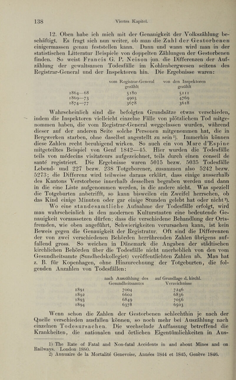 12. Oben habe ich mich mit der Genauigkeit der Volkszählung be¬ schäftigt. Es fragt sich nun weiter, ob man die Zahl der Gestorbenen einigermassen genau feststellen kann. Dann und wann wird man in der statistischen Litteratur Beispiele von doppelten Zählungen der Gestorbenen finden. So weist Francis G. P. Neison jun. die Differenzen der Auf¬ zählung der gewaltsamen Todesfälle im Kohlenbergwesen seitens des Registrar-General und der Inspektoren hin. Die Ergebnisse waren: 1864—68 1869—73 1874—77 vom Registrar-General gezählt 5180 4903 3678 von den Inspektoren gezählt 51II 4769 3618 Wahrscheinlich sind die befolgten Grundsätze etwas verschieden, indem die Inspektoren vielleicht einzelne Fälle von plötzlichem Tod mitge¬ nommen haben, die vom Registrar-General weggelassen wurden, während dieser auf der anderen Seite solche Personen mitgenommen hat, die in Bergwerken starben, ohne daselbst angestellt zu sein1). Immerhin können diese Zahlen recht beruhigend wirken. So auch ein von Marc dTCspine mitgeteiltes Beispiel von Genf 1842—45. Hier wurden die Todesfälle teils von mödecins visitateurs aufgezeichnet, teils durch einen conseil de sante registriert. Die Ergebnisse waren 5015 bezw. 5035 Todesfälle Lebend- und 227 bezw. 238 Totgeborener, zusammen also 5242 bezw. 5273; die Differenz wird teilweise daraus erklärt, dass einige ausserhalb des Kantons Verstorbene innerhalb desselben begraben werden und dann in die eine Liste aufgenommen werden, in die andere nicht. Was speziell die Totgeburten anbetrifft, so kann bisweilen ein Zweifel herrschen, ob das Kind einige Minuten oder gar einige Stunden gelebt hat oder nicht2). Wo eine standesamtliche Aufnahme der Todesfälle erfolgt, wird man wahrscheinlich in den modernen Kulturstaaten eine bedeutende Ge¬ nauigkeit voraussetzen dürfen; dass die verschiedene Behandlung der Orts¬ fremden, wie oben angeführt, Schwierigkeiten verursachen kann, ist kein Beweis gegen die Genauigkeit der Registratur. Oft sind die Differenzen der von zwei verschiedenen Behörden herrührenden Zahlen übrigens auf¬ fallend gross. So weichen in Dänemark die Angaben der städtischen kirchlichen Behörden über die Todesfälle nicht unerheblich von den vom Gesundheitsamte (Sundhedskollegiet) veröffentlichten Zahlen ab. Man hat z. B. für Kopenhagen, ohne Hinzurechnung der Totgeburten, die fol¬ genden Anzahlen von Todesfällen: nach Auszählung des auf Grundlage d. kirchl. Gesundheitsamtes Verzeichnisse 1891 7004 7246 1892 6602 6836 1893 6849 7056 1894 6378 6503 Wenn schon die Zahlen der Gestorbenen schlechthin je nach der Quelle verschieden ausfallen können, so noch mehr bei Auszählung nach einzelnen Todesursachen. Die wechselnde Auffassung betreffend die Krankheiten, die nationalen und örtlichen Eigentümlichkeiten in Aus- 1) The Rate of Fatal and Non-fatal Accidents in and about Mines and on Railways. London 1880. 2) Annuaire de la Mortalitd Genevoise, Annees 1844 et 1845, Genkve 1846.