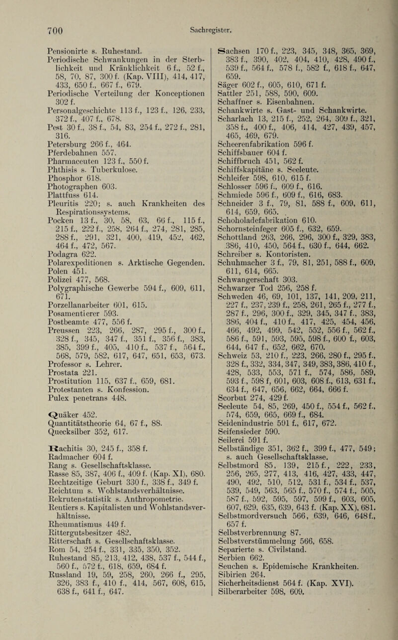 Pensionirte s. Ruhestand. Periodische Schwankungen in der Sterb¬ lichkeit nud Kränklichkeit 6 f., 52 f., 58, 70, 87, 300 f. (Kap. VIII), 414,417, 433, 650 f., 667 f., 679. Periodische Verteilung der Konceptionen 302 f. Personalgeschichte 113 f., 123 f., 126, 233, 372 f., 407 f., 678. Pest 30 f., 38 f., 54, 83, 254 f., 272 f., 281, 316. Petersburg 266 f., 464. Pferdebahnen 557. Pharmaceuten 123 f-, 550 f. Phthisis s. Tuberkulose. Phosphor 618. Photographen 603. Plattfuss 614. Pleuritis 220; s. auch Krankheiten des Respirationssystems. Pocken 13 f., 30, 58, 63, 66 f., 1151, 2151, 2221, 258, 2641, 274, 281, 285, 2881, 291, 321, 400, -419, 452, 462, 4641, 472, 567. Podagra 622. Polarexpeditionen s. Arktische Gegenden. Polen 451. Polizei 477, 568. Polygraphische Gewerbe 5941, 609, 611, 671. Porzellanarbeiter 601, 615. Posamentierer 593. Postbeamte 477, 556 1 Preussen 223, 266, 287, 2951, 3001, 3281, 345, 3471, 351 1, 3561, 383, 385, 3991, 405, 4101, 5371, 5641, 568, 579, 582, 617, 647, 651, 653, 673. Professor s. Lehrer. Prostata 221. Prostitution 115, 637 1, 659, 681. Protestanten s. Konfession. Pulex penetrans 448. Quäker 452. Quantitätstheorie 64, 67 1, 88. Quecksilber 352, 617. Rachitis 30, 245 1, 358 1 Radmacher 604 f. Rang s. Gesellschaftsklasse. Rasse 85, 387, 406 1, 4091 (Kap. XI), 680. Rechtzeitige Geburt 330 1, 338 1, 349 f. Reichtum s. YVohlstandsverhältnisse. Rekrutenstatistik s. Anthropometrie. Rentiers s. Kapitalisten und Wohlstandsver- hältnisse. Rheumatismus 449 f. Rittergutsbesitzer 482. Ritterschaft s. Gesellschaftsklasse. Rom 54, 2541, 331, 335, 350, 352. Ruhestand 85, 213, 412, 438, 537 1, 544 1, 560 1, 572 1, 618, 659, 684 1 Russland 19, 59, 258, 260, 266 1, 295, 326, 383 1, 410 1, 414, 567, 608, 615, 638 1, 641 1, 647. Sachsen 1701, 223, 345, 348, 365, 369, 3831, 390, 402, 404, 410, 428, 4901, 5391, 5641, 578 1, 582 1, 6181, 647, 659. Säger’6021, 605, 610, 671 1 Sattler 251, 588, 590, 609. Schaffner s. Eisenbahnen. Schankwirte s. Gast- und Schankwirte. Scharlach 13, 2151, 252, 264, 309 1, 321, 3581, 4001, 406, 414, 427, 439, 457, 465, 469, 679. Scheerenfabrikation 596 1 Schiffsbauer 604 f. Schiffbruch 451, 5621 Schiffskapitäne s. Seeleute. Schleifer 598, 610, 6151 Schlosser 596 1, 609 1, 616. Schmiede 596 1, 609 1, 616, 683. Schneider 3 1, 79, 81, 588 1, 609, 611, 614, 659, 665. . Scliolioladefabrikation 610. Schornsteinfeger 605 1, 632, 659. Schottland 263, 266, 296, 300 1, 329, 383, 386, 410, 450, 5641, 6301, 644, 662. ' Schreiber s. Kontoristen. Schuhmacher 31, 79, 81, 251, 588 1, 609, 611, 614, 665. Schwangerschaft 303. Schwarzer Tod 256, 258 f. Schweden 46, 69, 101, 137, 141, 209, 211, 227 1, 237, 239 1, 258, 261, 265 1, 277 1, 287 1, 296, 3001, 329, 345, 347 1, 383, 386, 4041, 4101, 417, 425, 454, 456, 466, 492, 499, 542, 552, 5561, 5621, 5861, 591, 593, 595, 5981, 600 1, 603, 644, 647 1, 652, 662, 670. Schweiz 53, 2101, 223, 266, 2801, 2951, 328 1, 332, 334, 347, 349, 383, 386, 410 1, 428, 533, 553, 571 1, 574, 586, 589, 593 1, 598 f, 601, 603, 6081, 613, 631 1, 6341, 647, 656, 662, 664, 6661 Scorbut 274, 4291 Seeleute 54, 85, 269, 450 1, 5541, 562 1, 574, 659, 665, 6691, 684. Seidenindustrie 591 1, 617, 672. Seifensieder 590. Seilerei 5911 Selbständige 351, 362 1, 3991, 477, 549; s. auch Gesellschaftsklasse. Selbstmord 85, 139, 2151, 222, 233, 256, 265. 277, 413, 416, 427, 433, 447, 490, 492, 510, 512, 531 1, 534 1, 537, 539, 549, 563, 565 1, 570 1, 574 1, 505, 5871, 592, 595, 597, 5991, 603, 605, 607, 629, 635, 639, 643 1 (Kap. XX), 681. Selbstmordversuch 566, 639, 646, 6481, 657 1 Selbstverbrennung 87. Selbstverstümmelung 566, 658. Separierte s. Civilstand. Serbien 662. Seuchen s. Epidemische Krankheiten. Sibirien 264. Sicherheitsdienst 5641 (Kap. XVI). Silberarbeiter 598, 609.